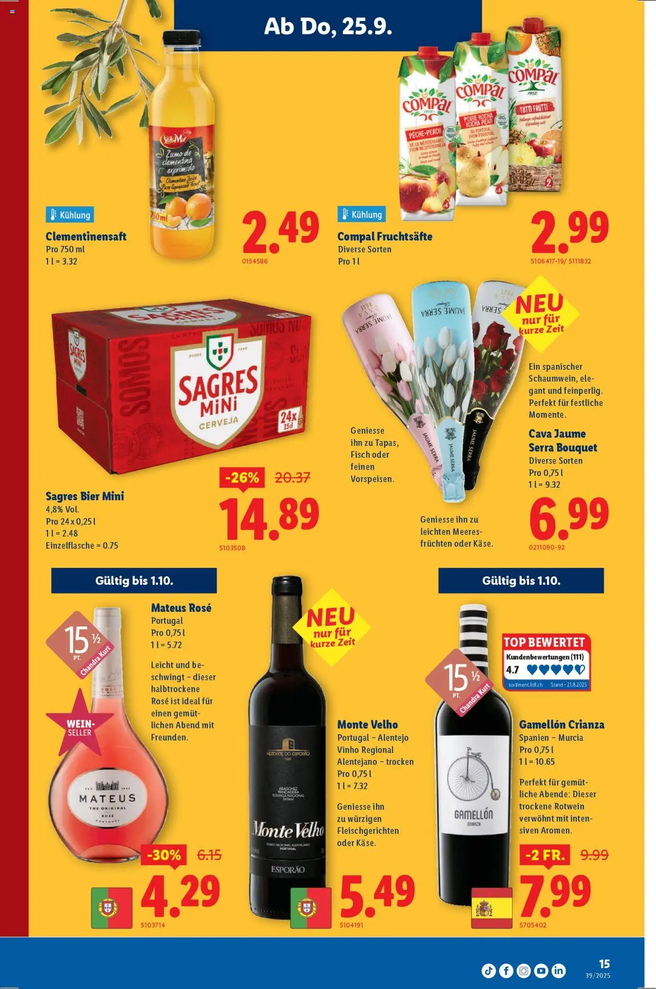 Lidl Aktionen – gültig ab 25.09.2025 | Seite: 15 | Produkte: Rotwein, Wein, Fisch, Top