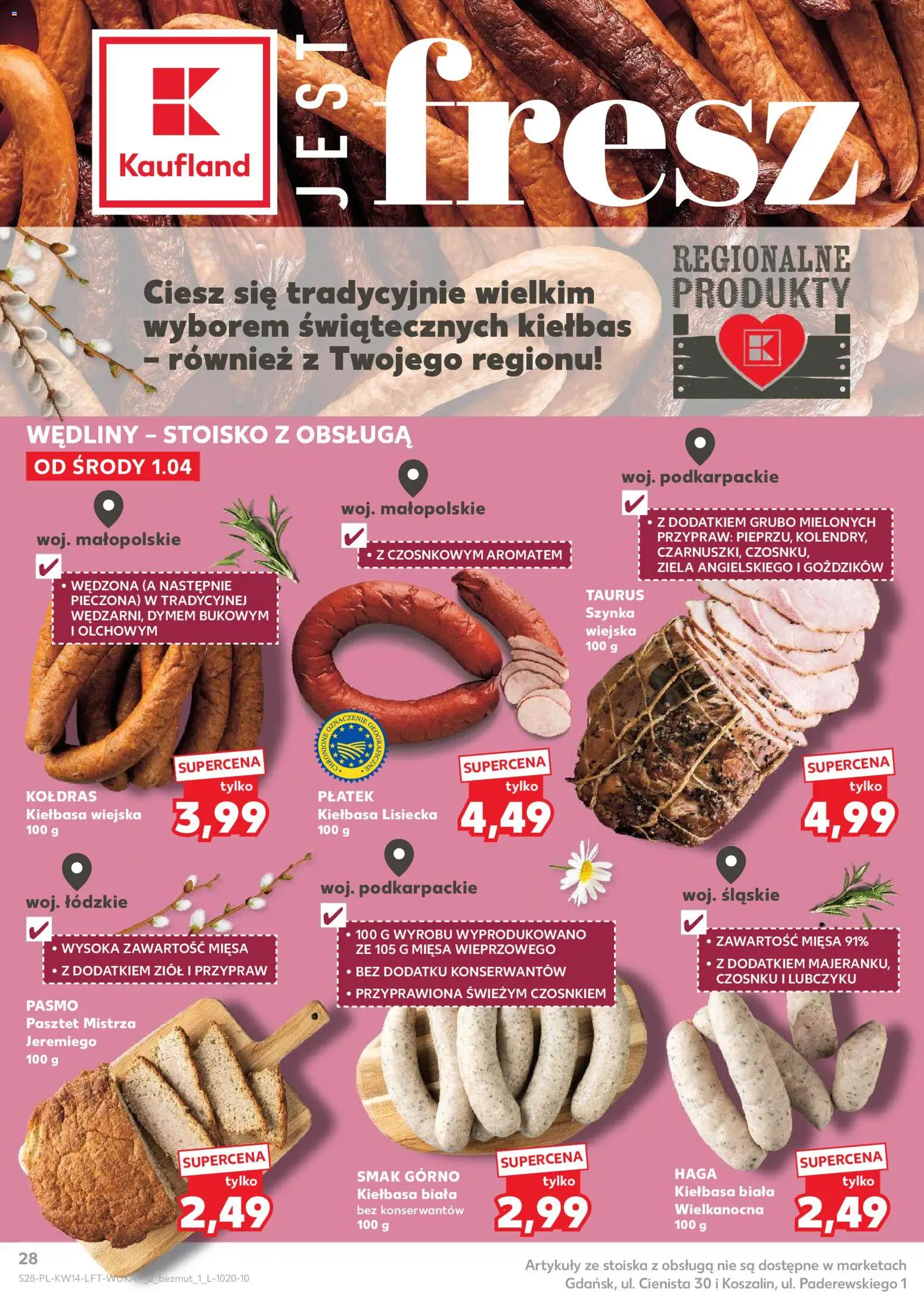 Kaufland gazetka od 01.04.2026 | Strona: 28 | Produkty: Kiełbasa, Kiełbasa lisiecka, Szynka, Wędliny