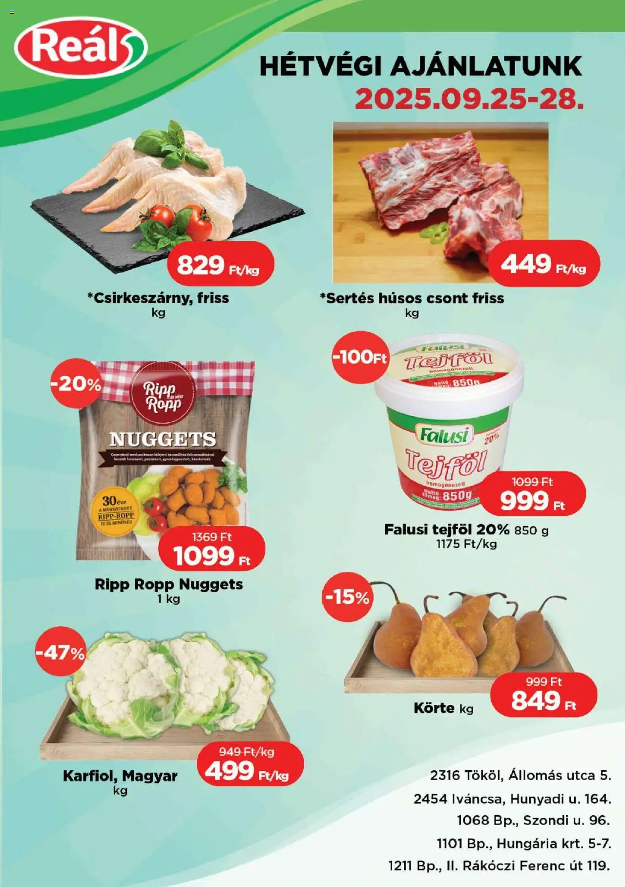 Reál akciós ujság - amely érvényes a következő dátumtól: 25.09.2025 | Oldal: 1 | Termékek: Körte, Nuggets, Tejföl