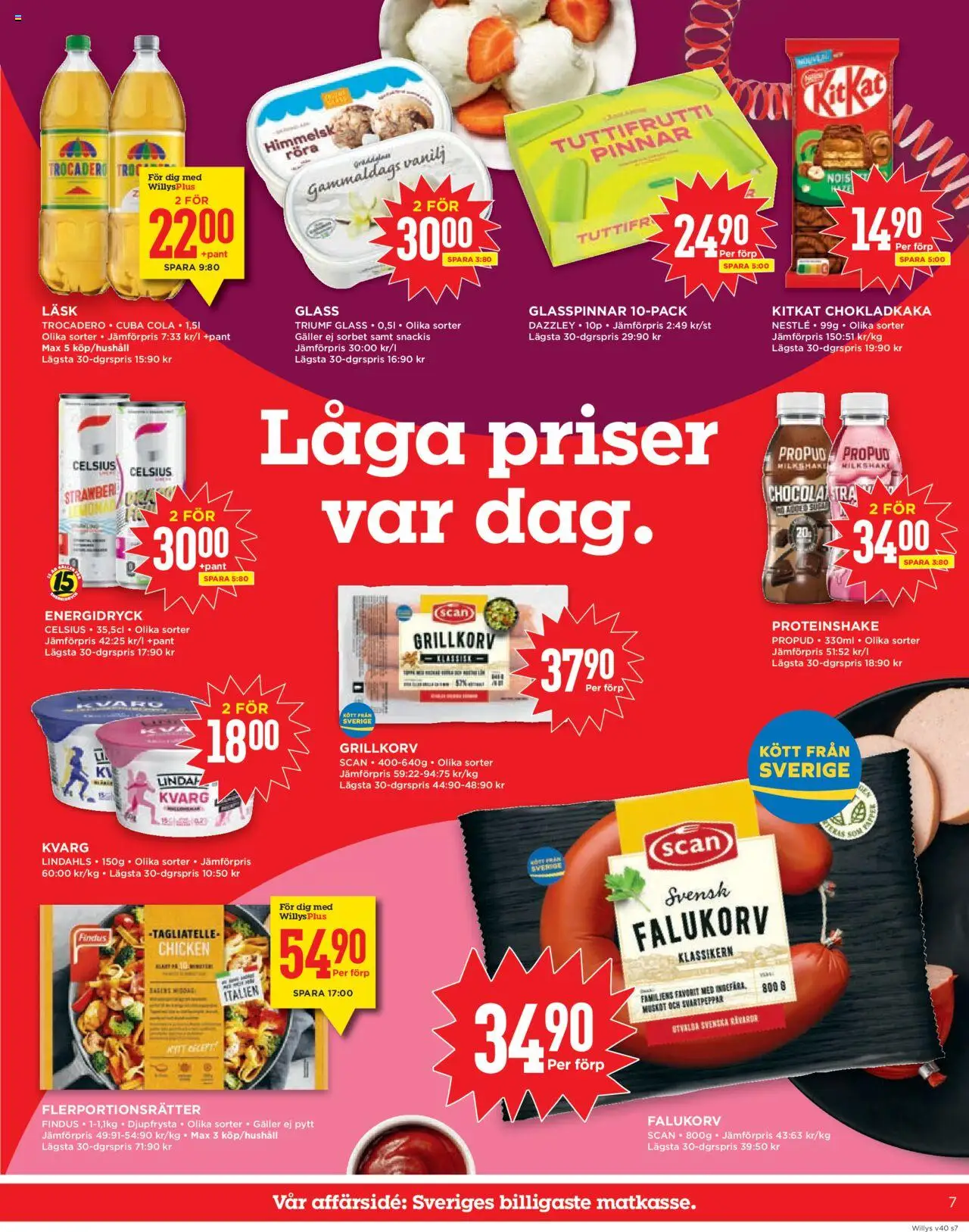Willys reklamblad aktuell från 29.09.2025 | Sida: 7 | Produkter: Chokladkaka, Galler, Falukorv, Glass