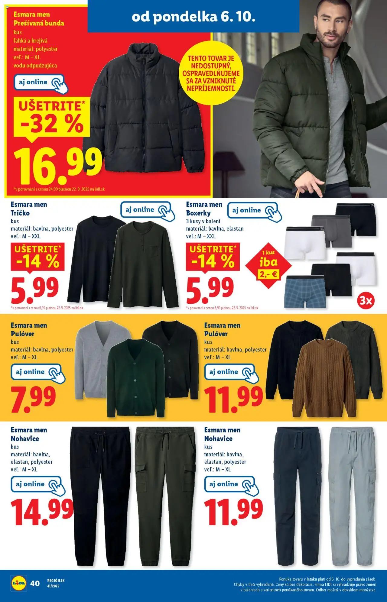 Nové Lidl akcie – leták je platný od 06.10.2025 | Strana: 62 | Produkty: Tričko, Bunda, Nohavice, Boxerky