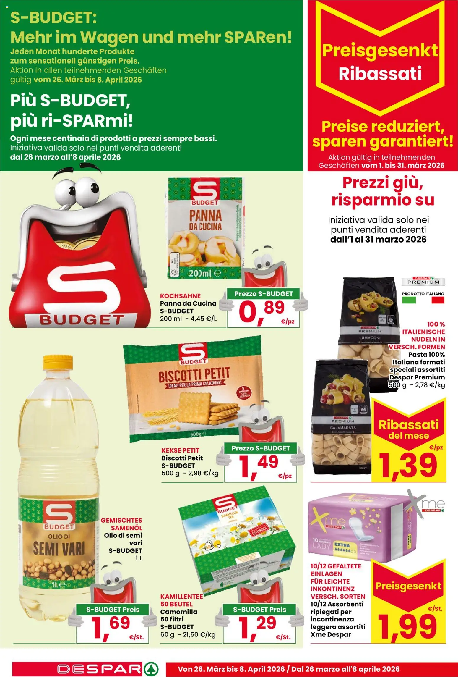 Volantino Despar del 26.03.2026 | Pagina: 18 | Prodotti: Panna, Biscotti, Olio, Pasta