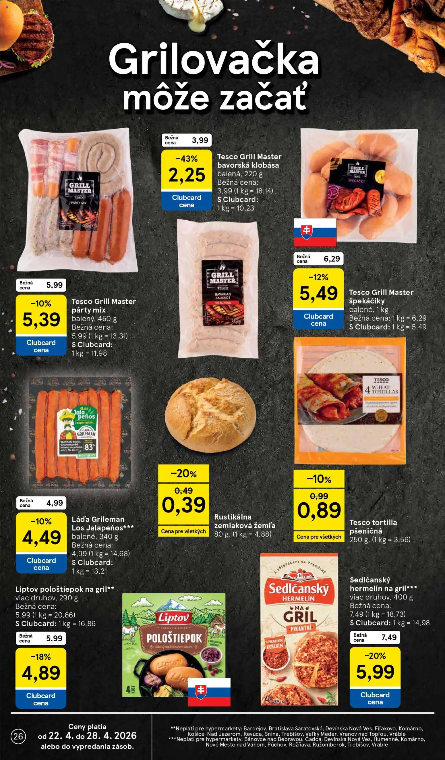 Nové Tesco akcie – leták je platný od 22.04.2026 | Strana: 26 | Produkty: Gril, Tortilla, Klobása