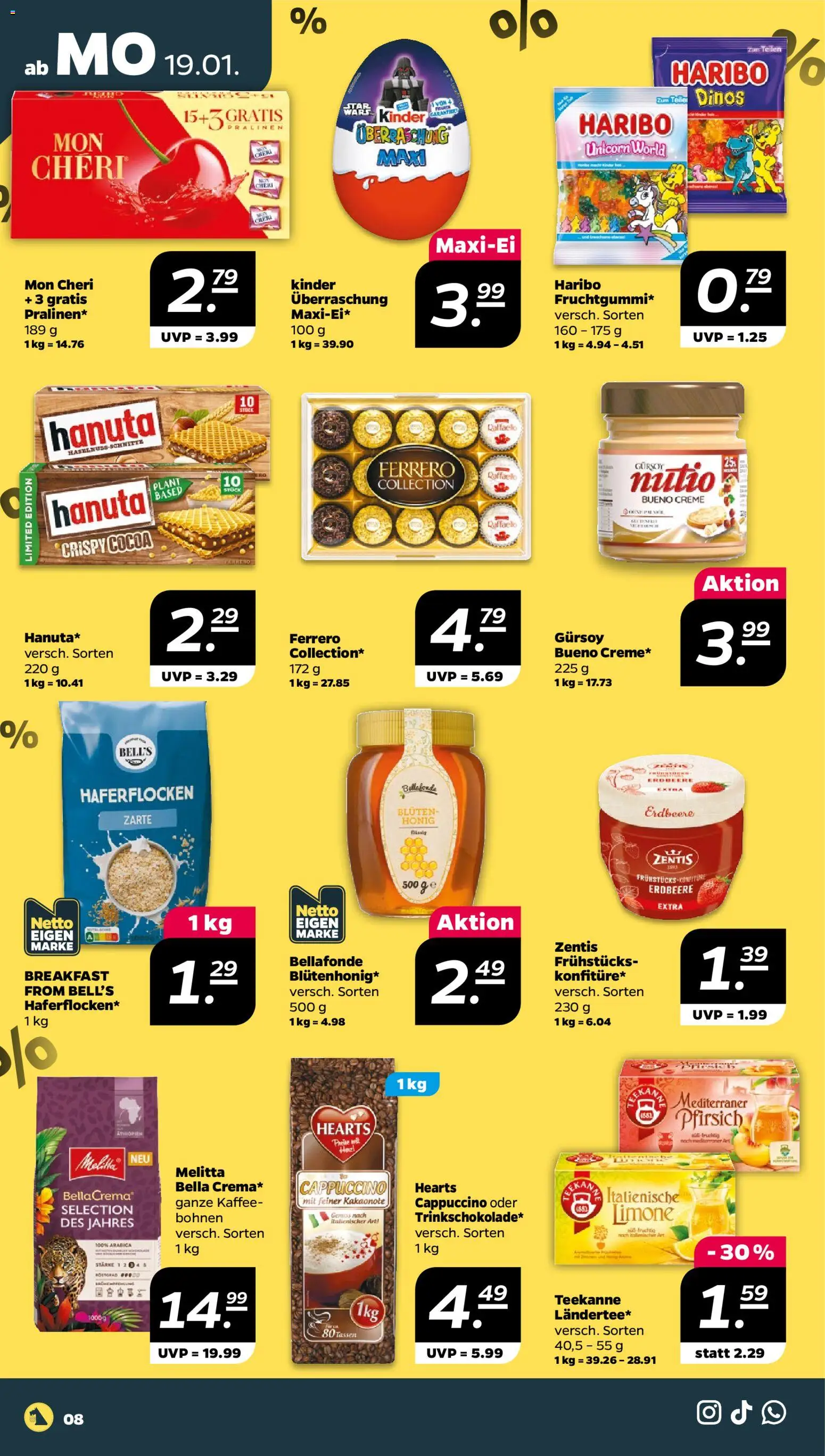 Netto Prospekt 	 – gültig ab 19.01.2026 | Seite: 8 | Produkte: Haribo, Kaffee, Pfirsich, Mon cheri