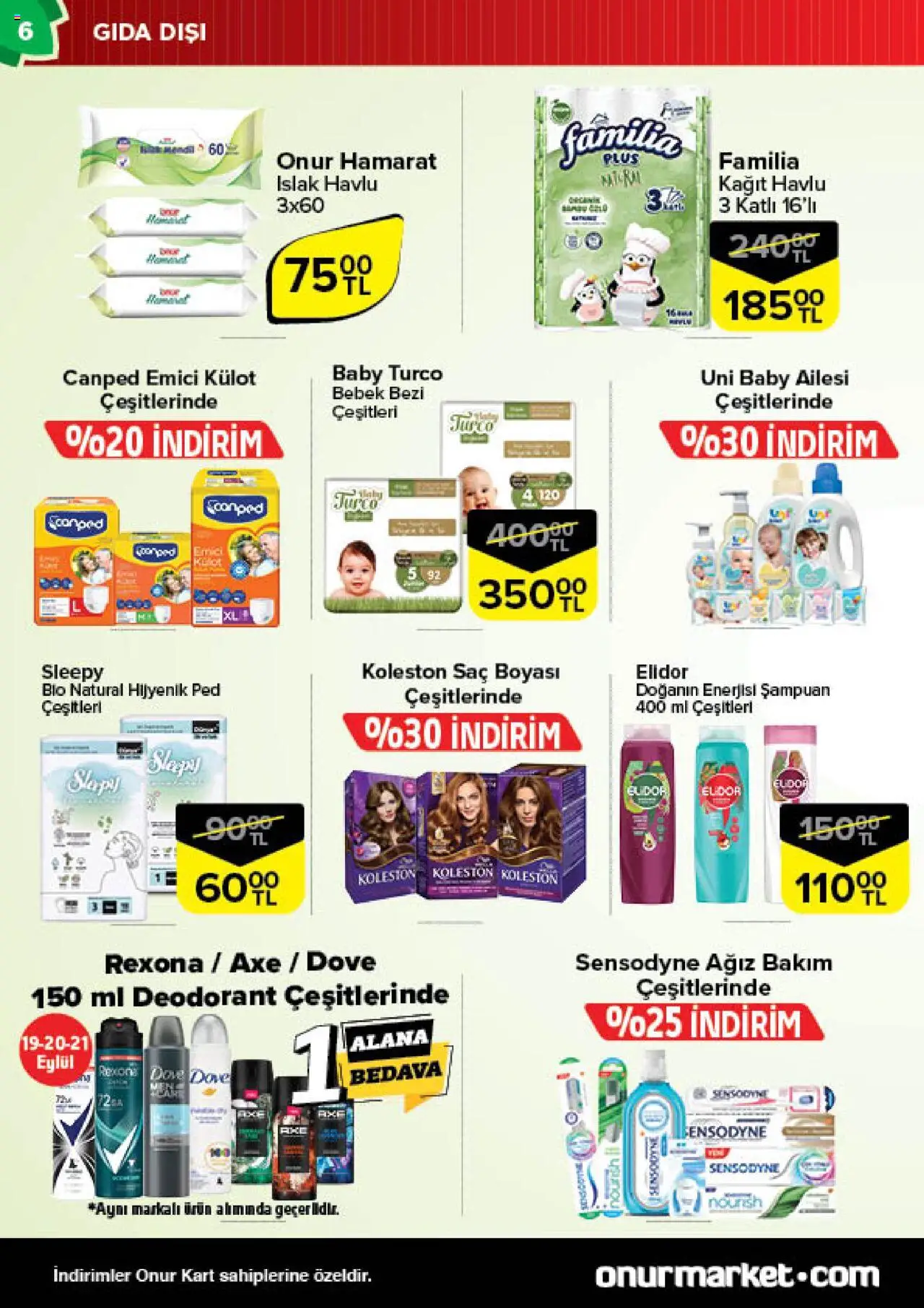 Onur Market Katalog - İstanbul - 16.09.2025 tarihinden itibaren geçerlidir | Sayfa: 6 | Ürünler: Hijyenik ped, Şampuan, Deodorant, Kağıt havlu