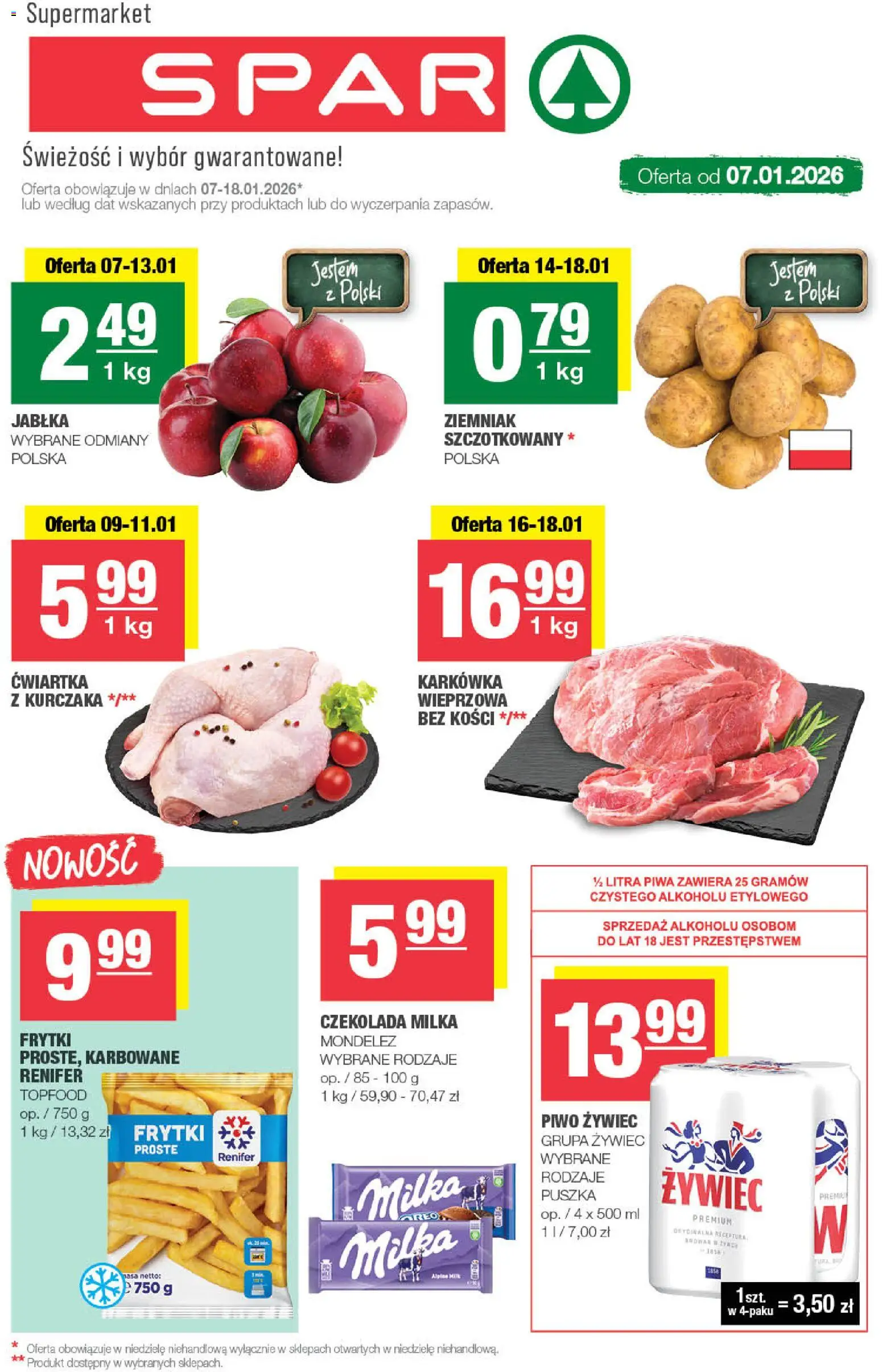 Spar Gazetka od 07.01.2026 | Strona: 1 | Produkty: Czekolada milka, Milka, Jabłka, Frytki