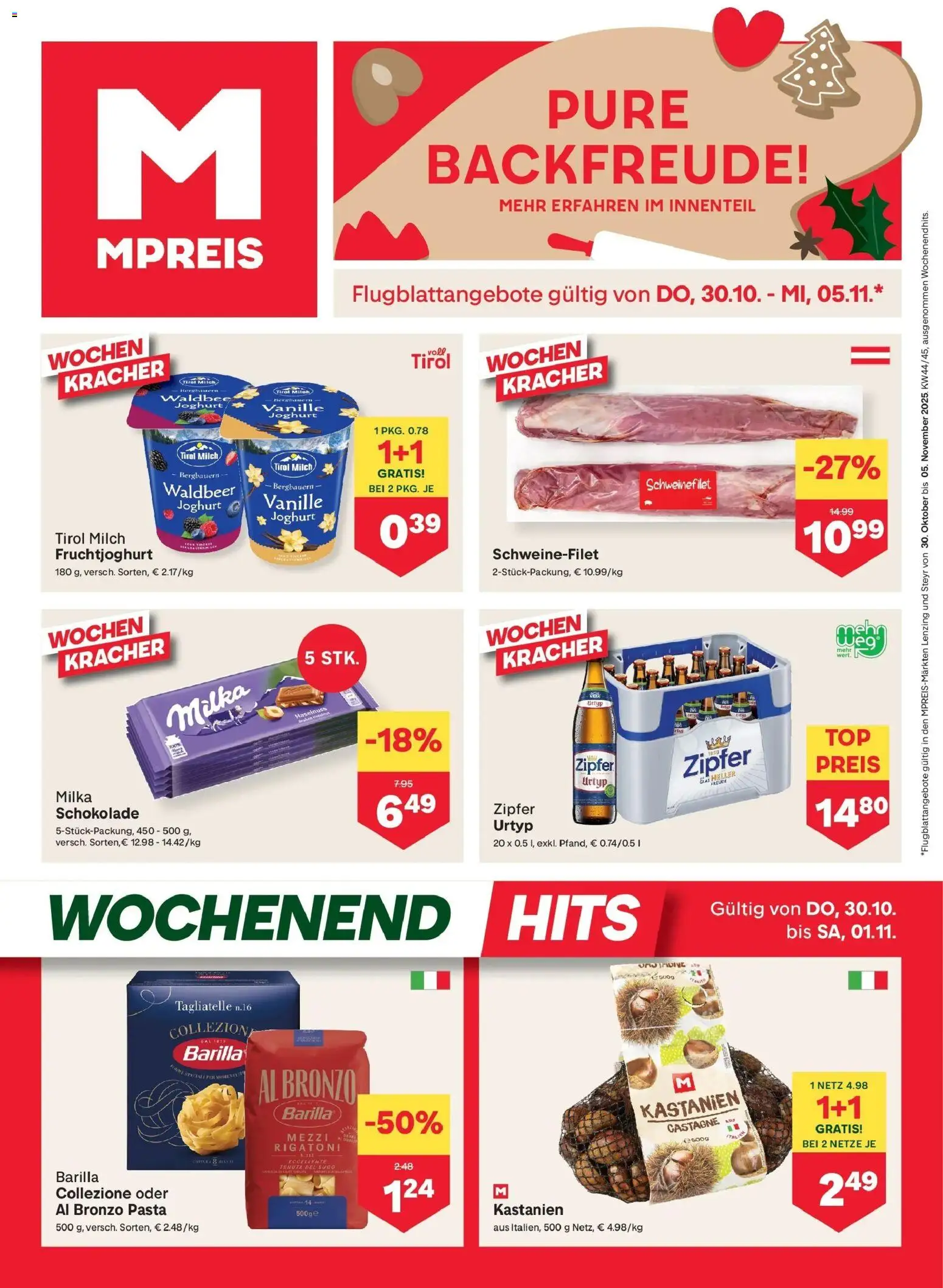 MPREIS Steyr gültig ab 30.10.2025 | Seite: 1 | Produkte: Pasta, Milch, Joghurt, Schokolade