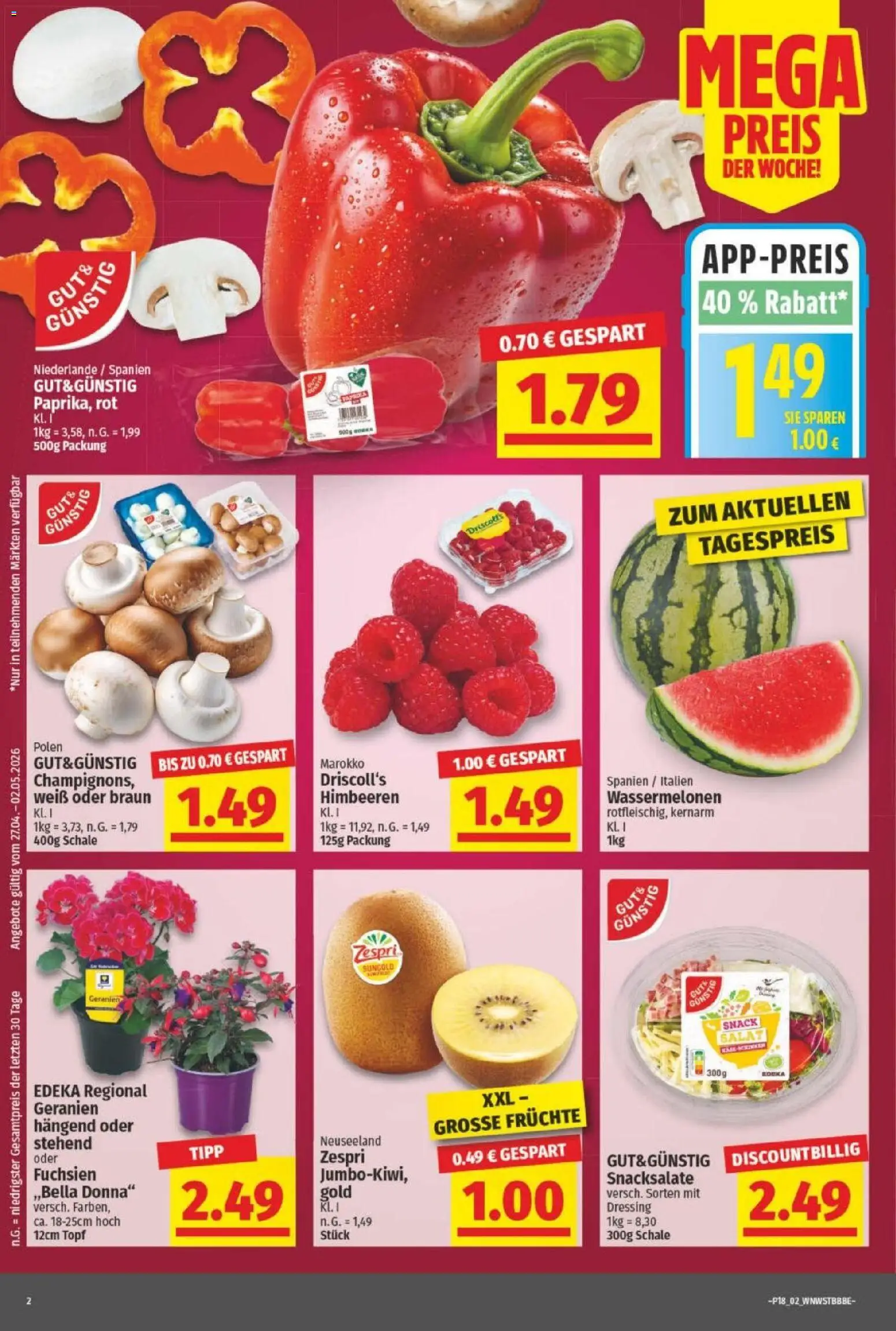NP Discount Prospekt – gültig ab 27.04.2026 | Seite: 2 | Produkte: Himbeeren, Dressing, Geranien, Salat