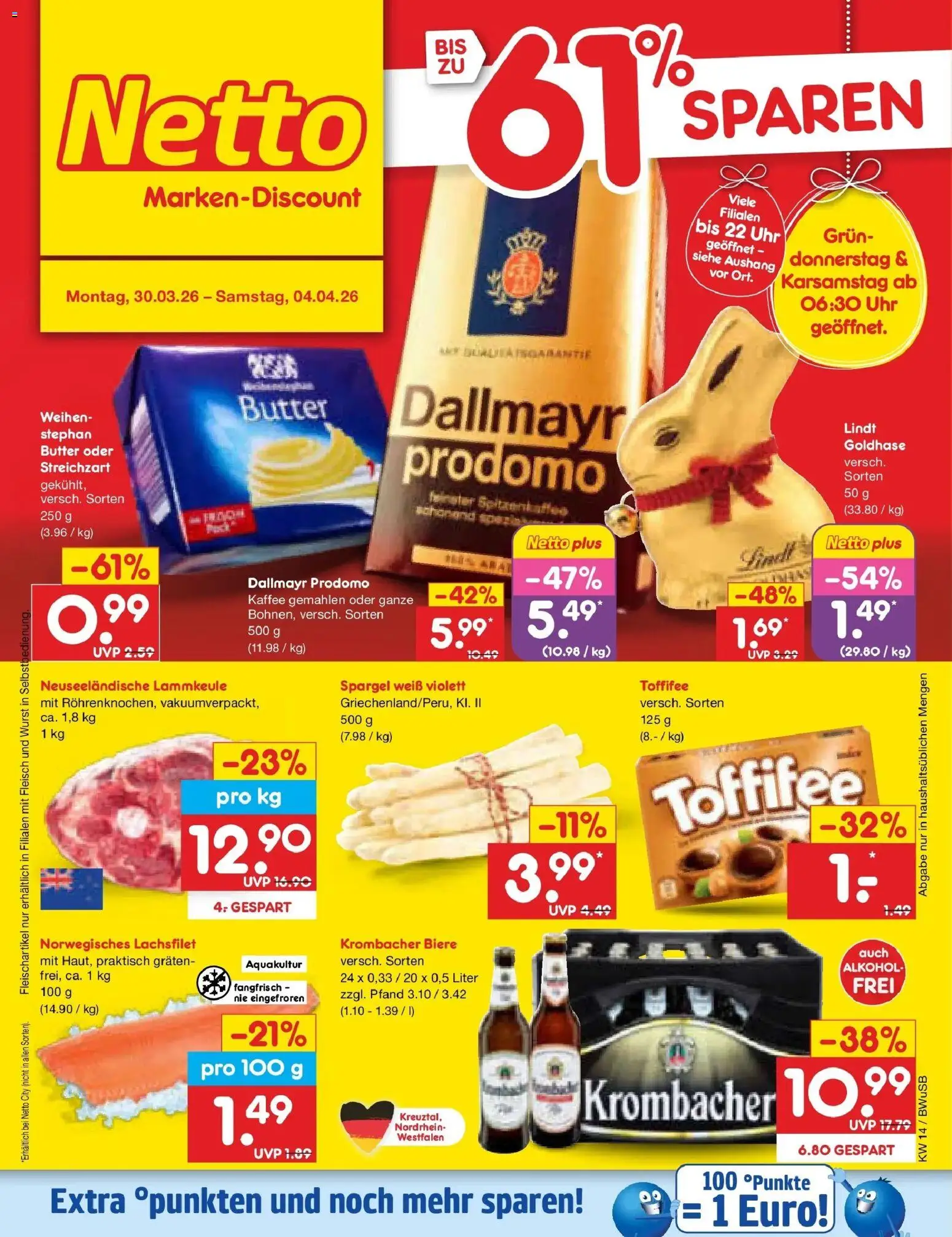 Netto Marken-Discount Prospekt Stemwede-Dielingen	 – gültig ab 29.03.2026 | Seite: 1 | Produkte: Butter, Kaffee, Dallmayr prodomo, Uhr