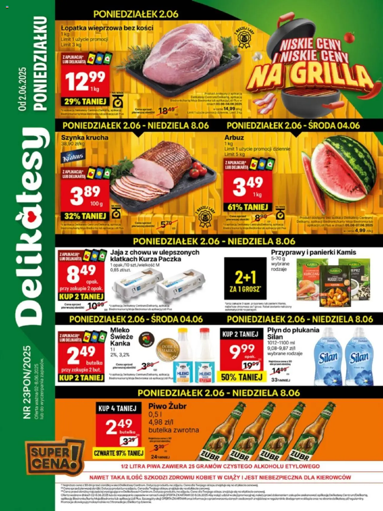 Delikatesy Centrum Gazetka od 02.06.2025 | Strona: 1 | Produkty: Piwo żubr, Arbuz, Delikatesy, Przyprawy