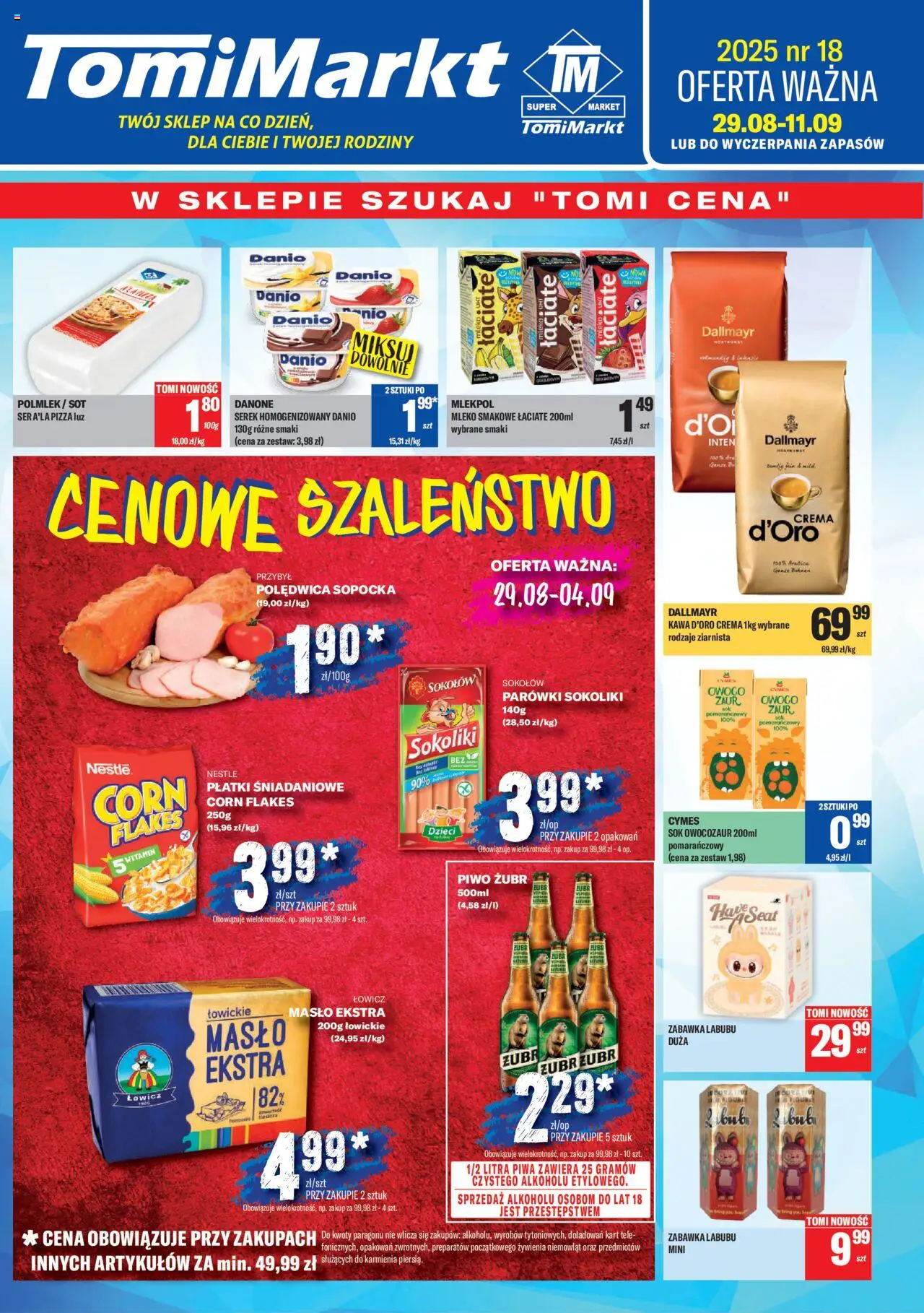 TomiMarkt Gazetka od 29.08.2025 | Strona: 1 | Produkty: Parówki, Mleko, Masło, Płatki