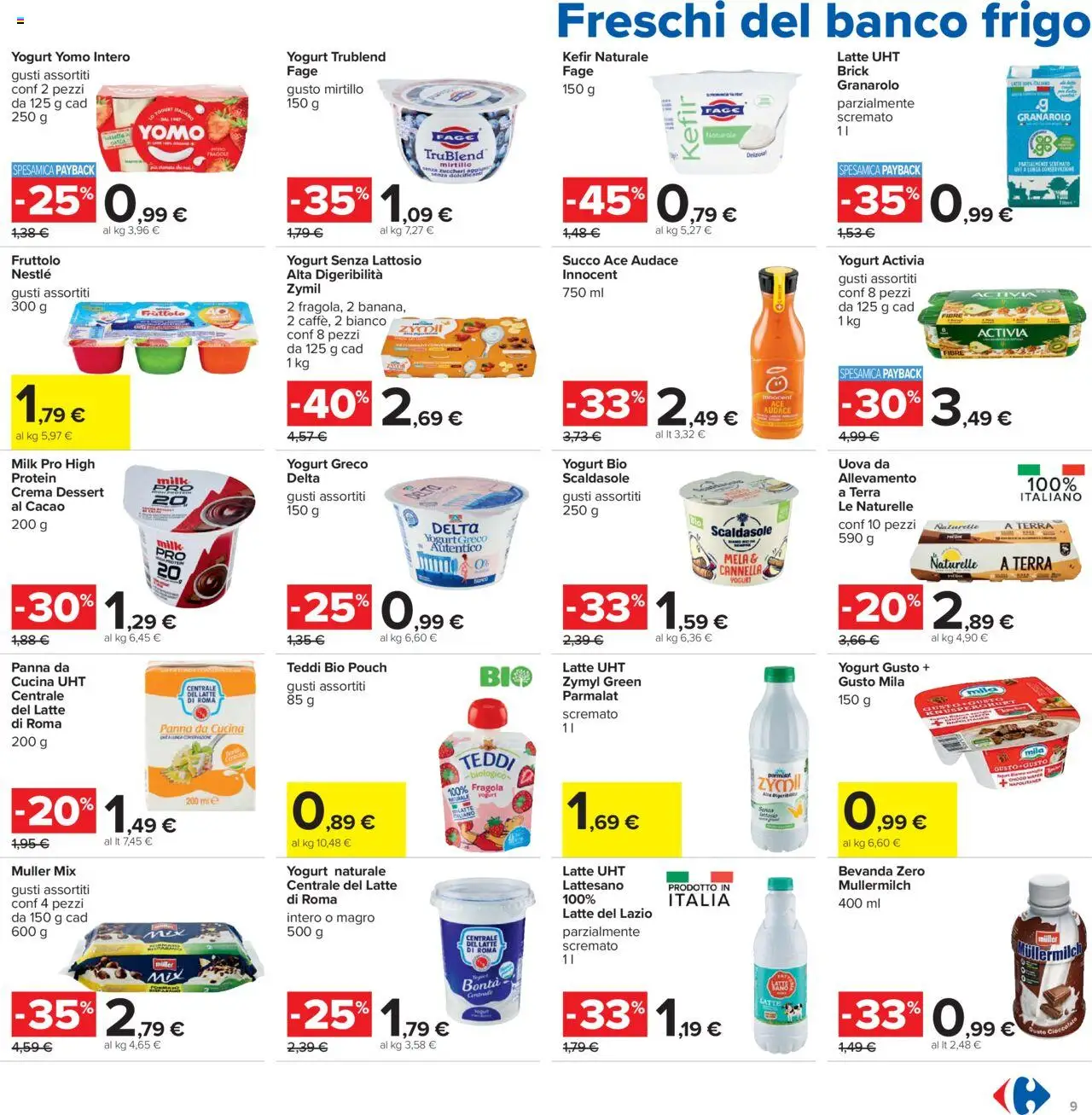 Volantino Carrefour del 21.08.2025 | Pagina: 9 | Prodotti: Yogurt senza lattosio, Cioccolato, Succo, Cacao
