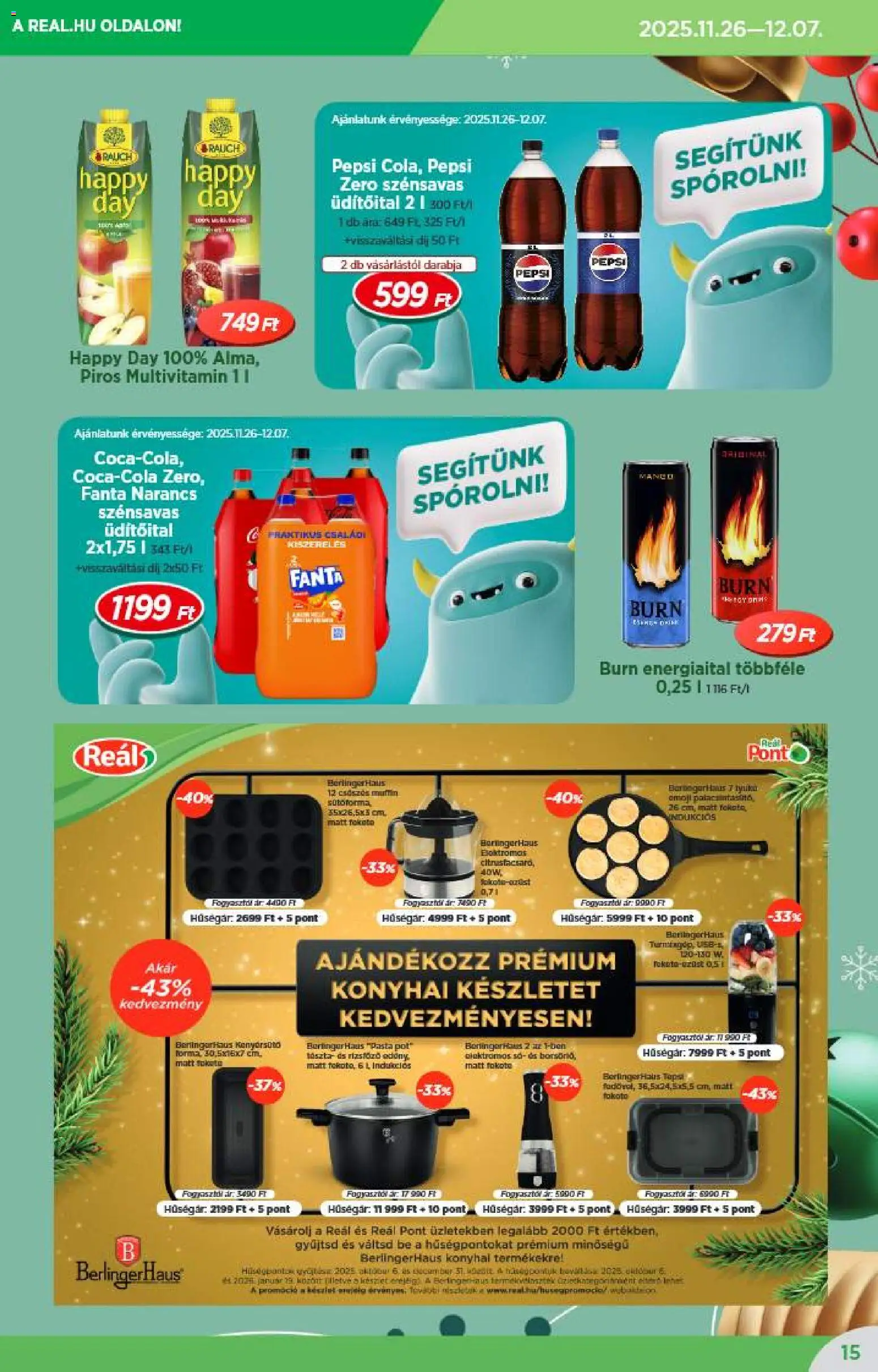 Reál akciós ujság - amely érvényes a következő dátumtól: 26.11.2025 | Oldal: 15 | Termékek: Pepsi, Muffin, Narancs, Multivitamin