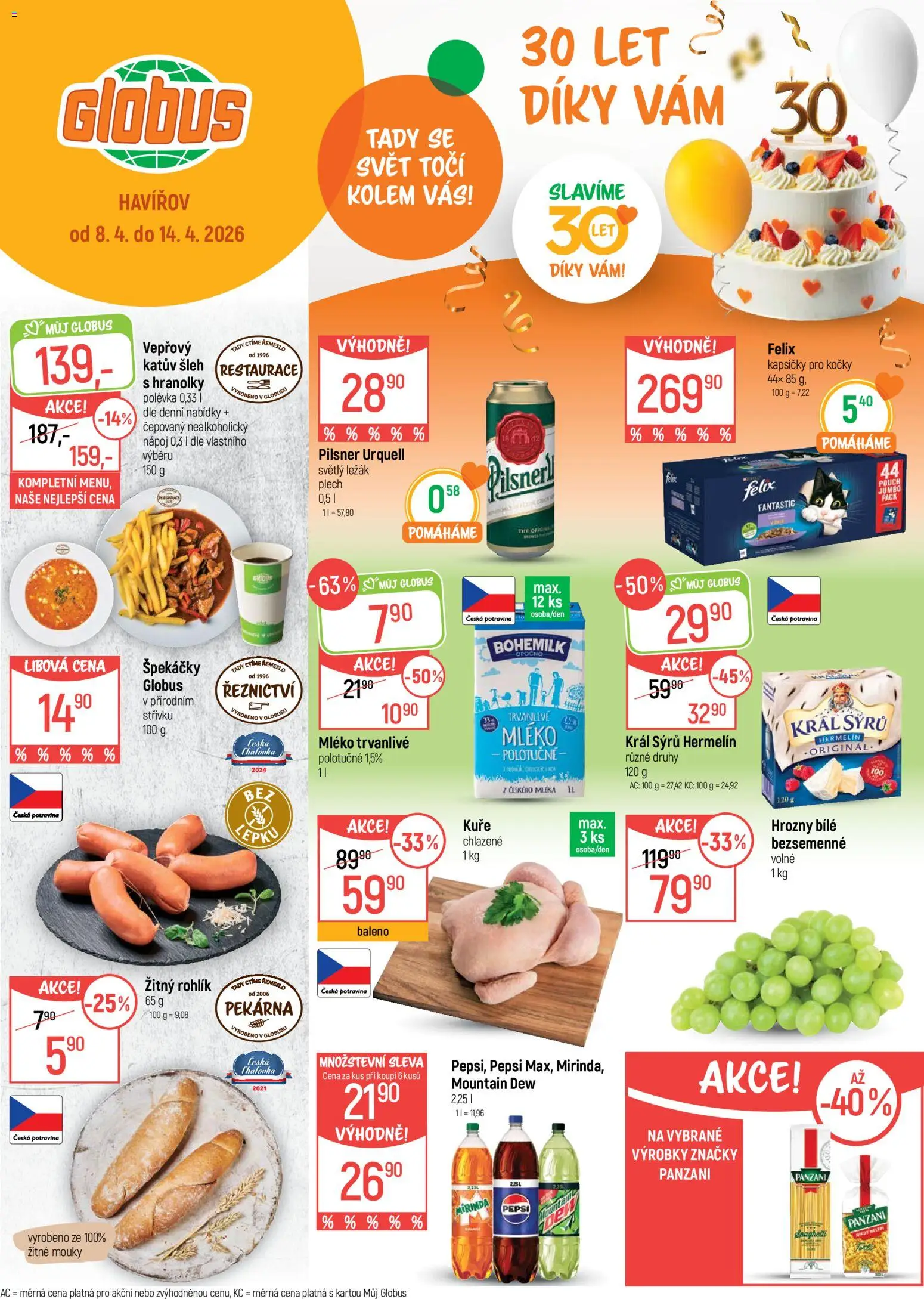 Globus leták - Havířov od 08.04.2026 | Strana: 1 | Produkty: Špekáčky, Kapsičky pro kočky, Plech, Mirinda