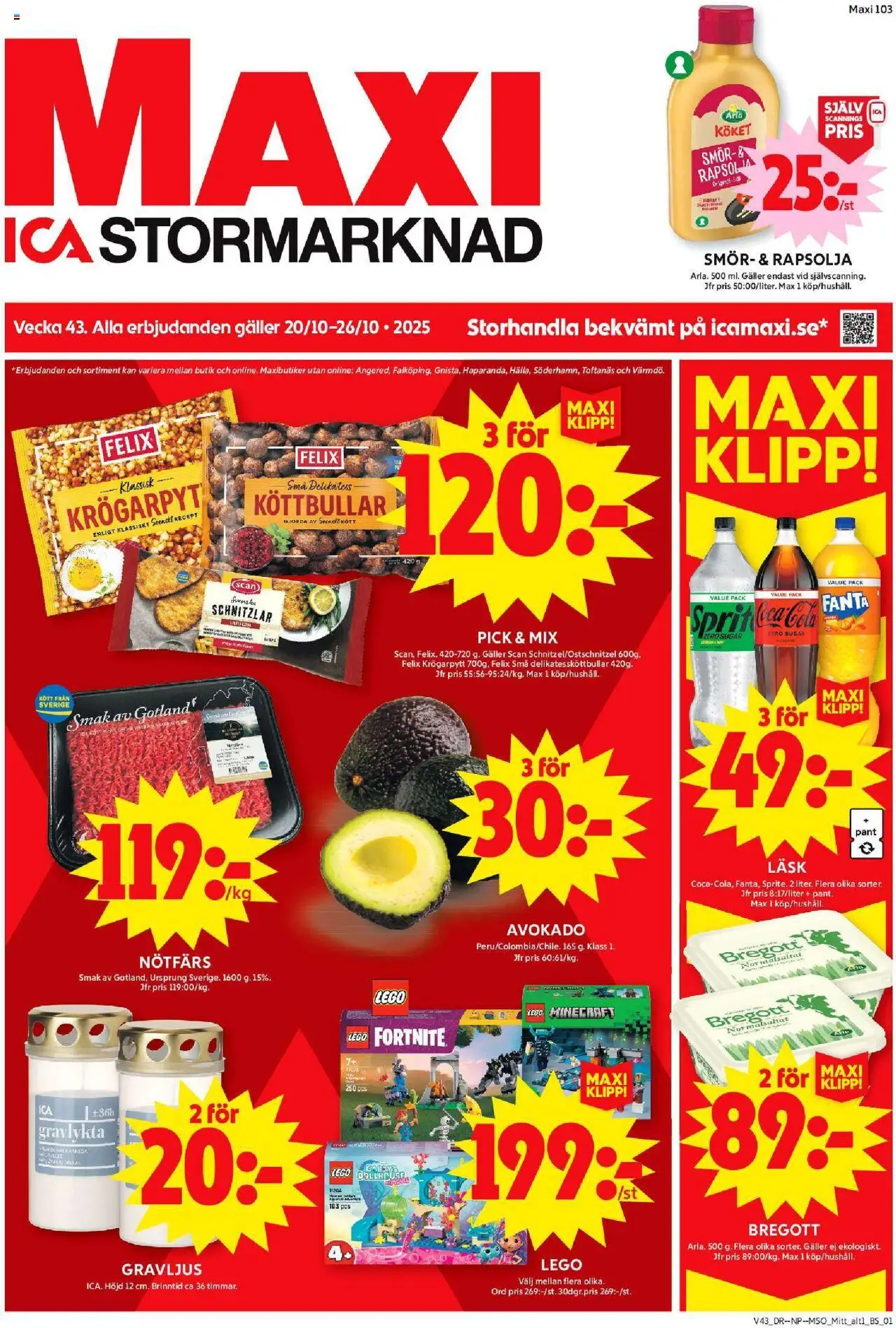 ICA Maxi reklamblad aktuell från 20.10.2025 | Sida: 1 | Produkter: Nötfärs, Bregott, Coca cola, Fanta