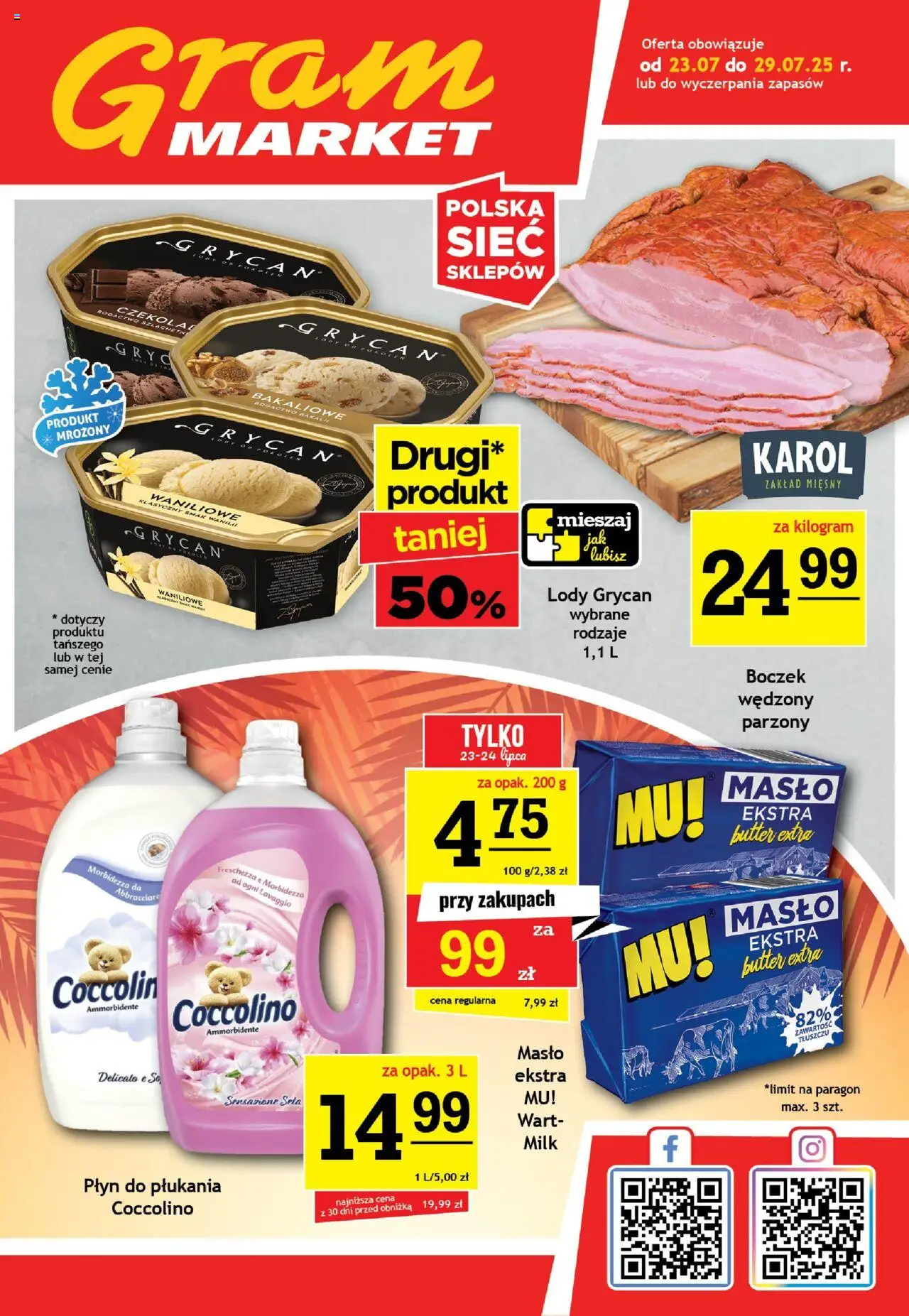 Gram Market Gazetka od 23.07.2025 | Strona: 1 | Produkty: Lody Grycan, Coccolino, Masło, Lody