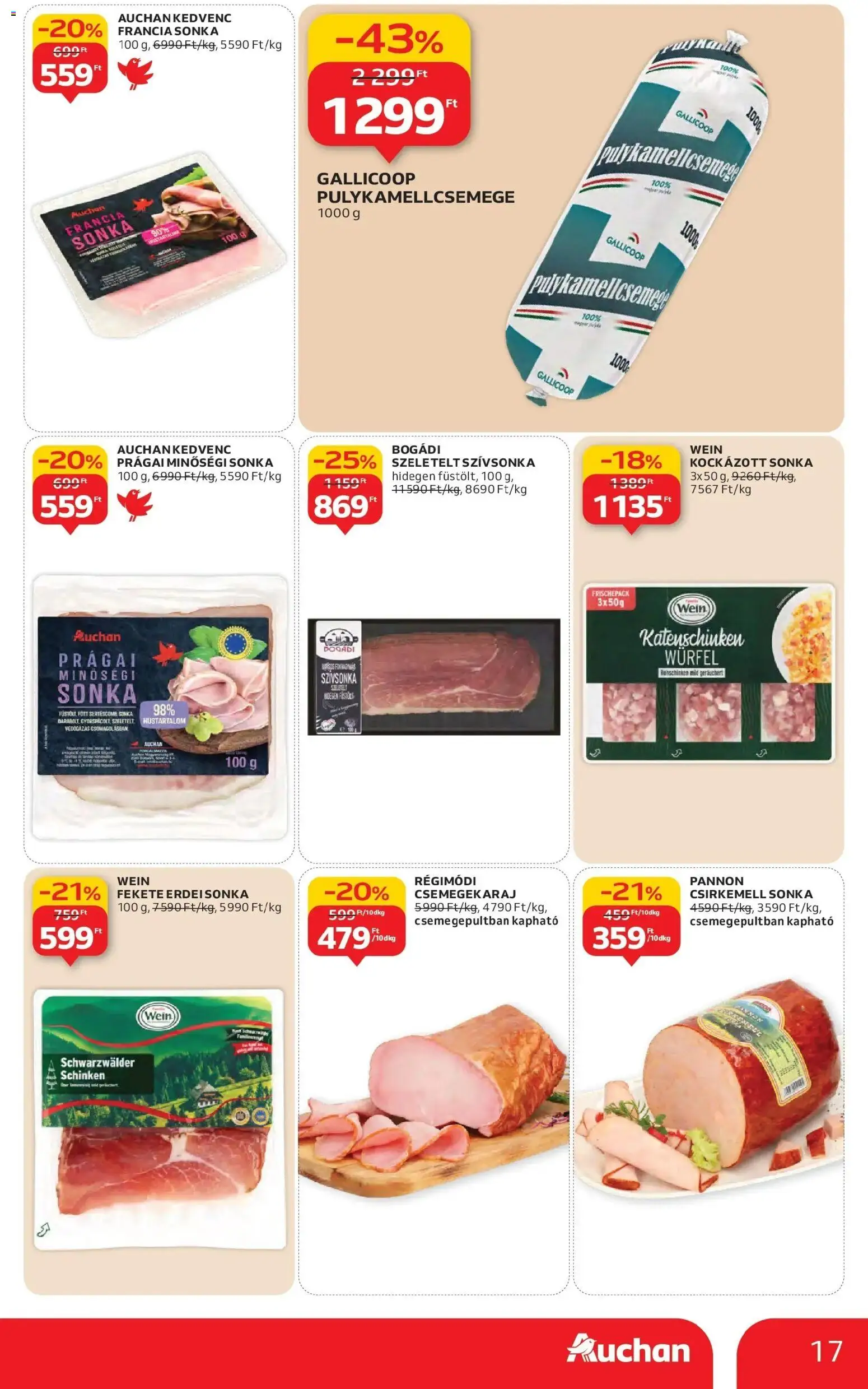 Auchan akciós ujság - amely érvényes a következő dátumtól: 22.01.2026 | Oldal: 17 | Termékek: Sonka, Csirkemell sonka, Szívsonka, Csirkemell