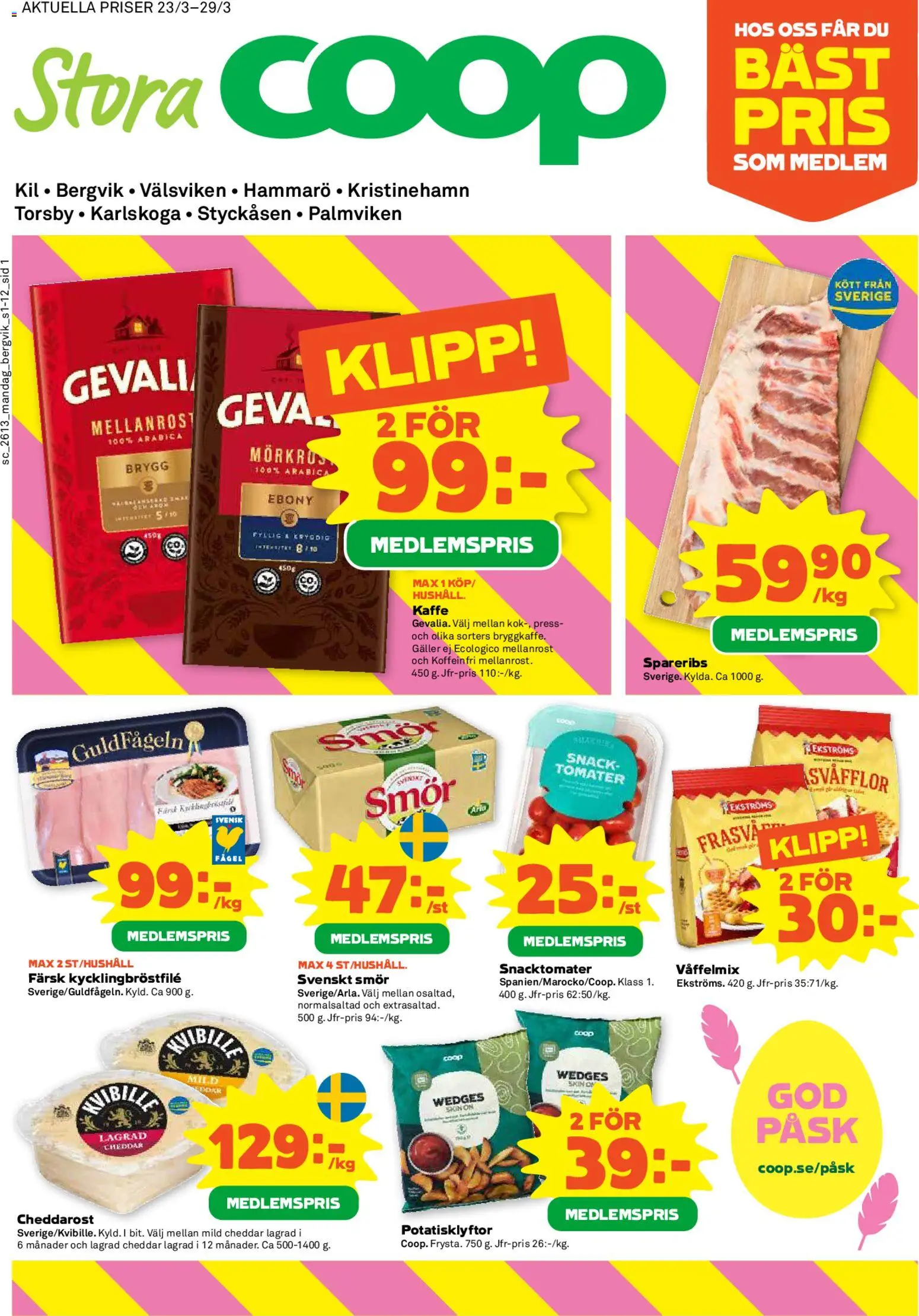 Stora Coop reklamblad aktuell från 23.03.2026 | Sida: 1 | Produkter: Cheddar, Smör, Kaffe, Tomater