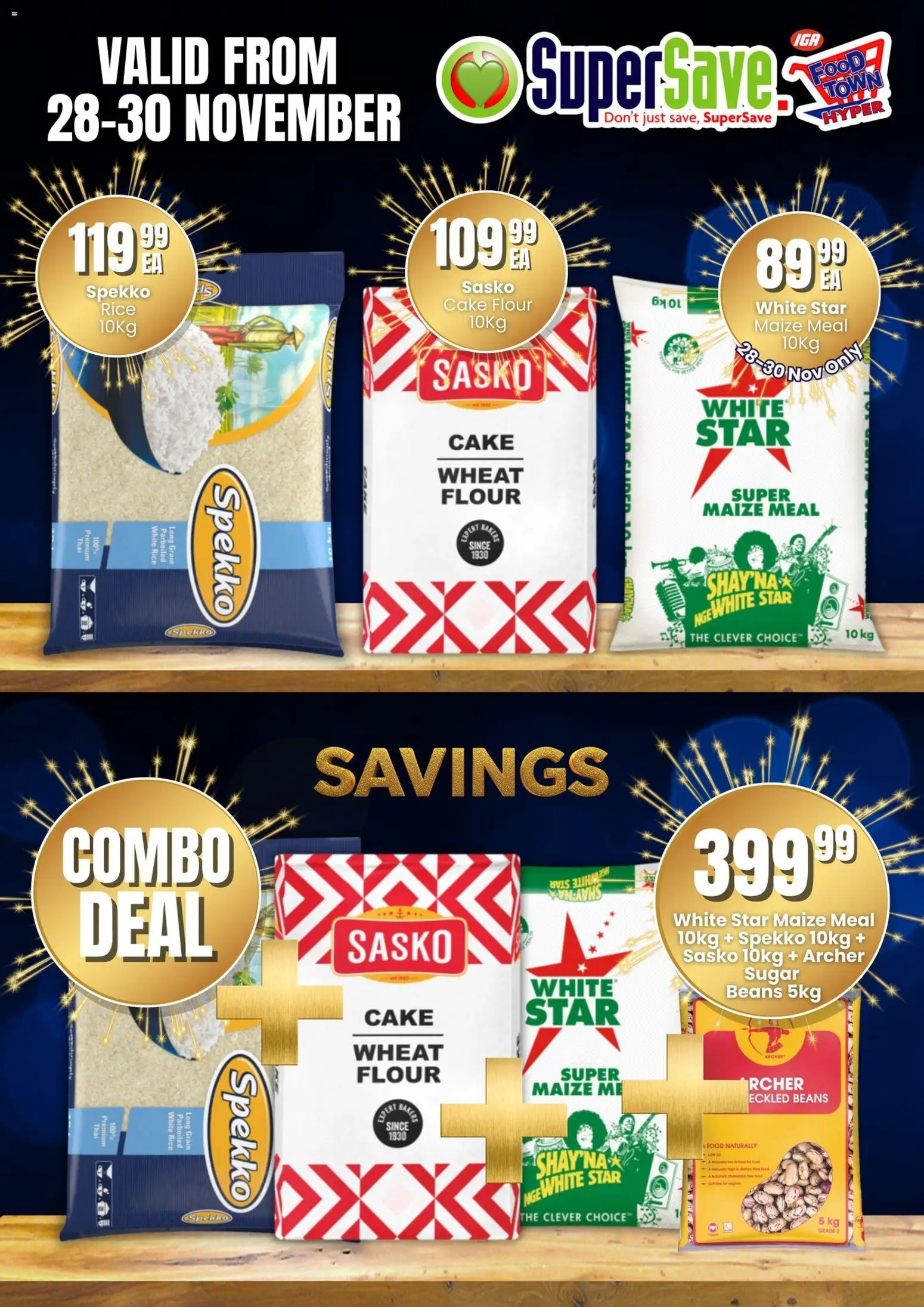 New Super Save catalogue – valid from 28.11.2025 | Page: 3 | Products: Flour, Maize meal, Rice, Sugar