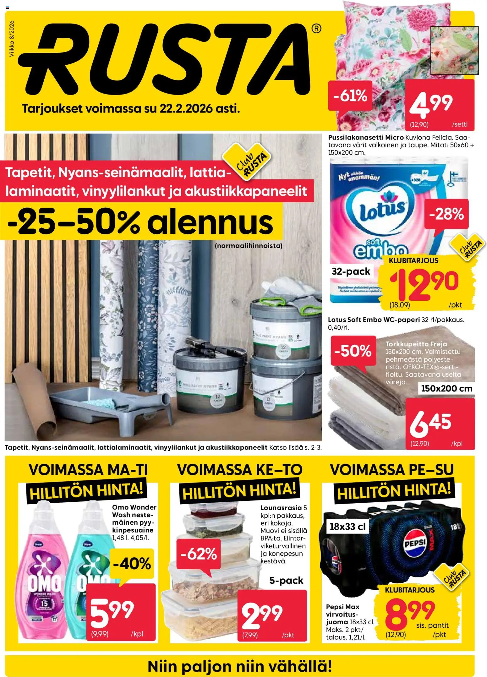 Rusta tarjoukset – voimassa 16.02.2026 alkaen | Sivu: 1 | Tuotteet: Pussilakanasetti, Pepsi