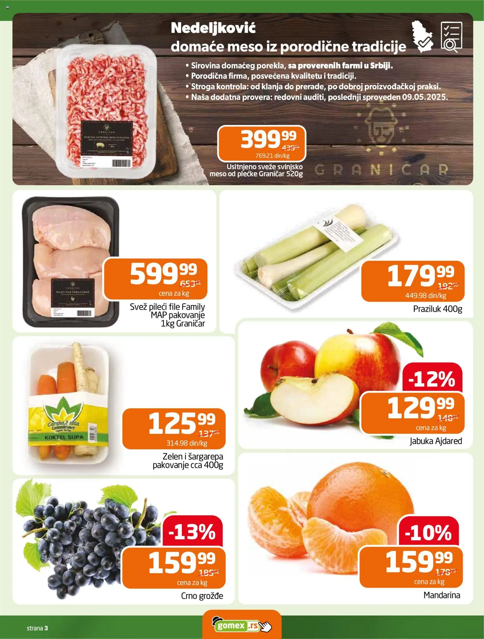 Gomex katalog - važi od 03.12.2025 | Strana: 3 | Proizvode: Mandarina, Pileći file, Pakovanje, Praziluk