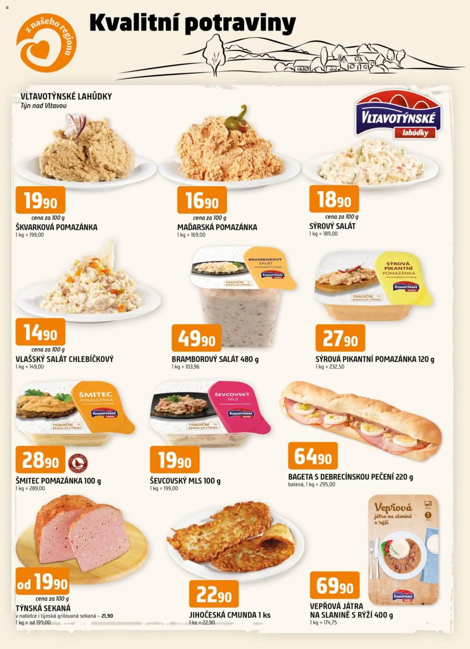 Trefa leták - Kvalitní potraviny z našeho regionu od 28.01.2026 | Strana: 1 | Produkty: Bramborový salát, Salát, Vepřová játra, Bageta