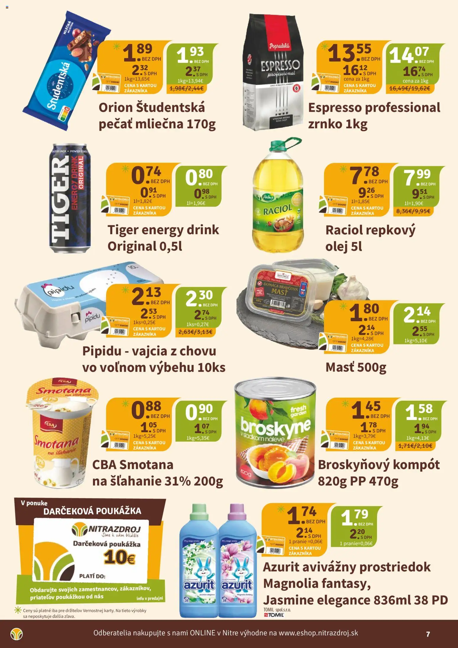 Nové Nitrazdroj akcie – leták je platný od 20.02.2026 | Strana: 7 | Produkty: Vajcia, Smotana, Broskyňový kompót, Študentská pečať