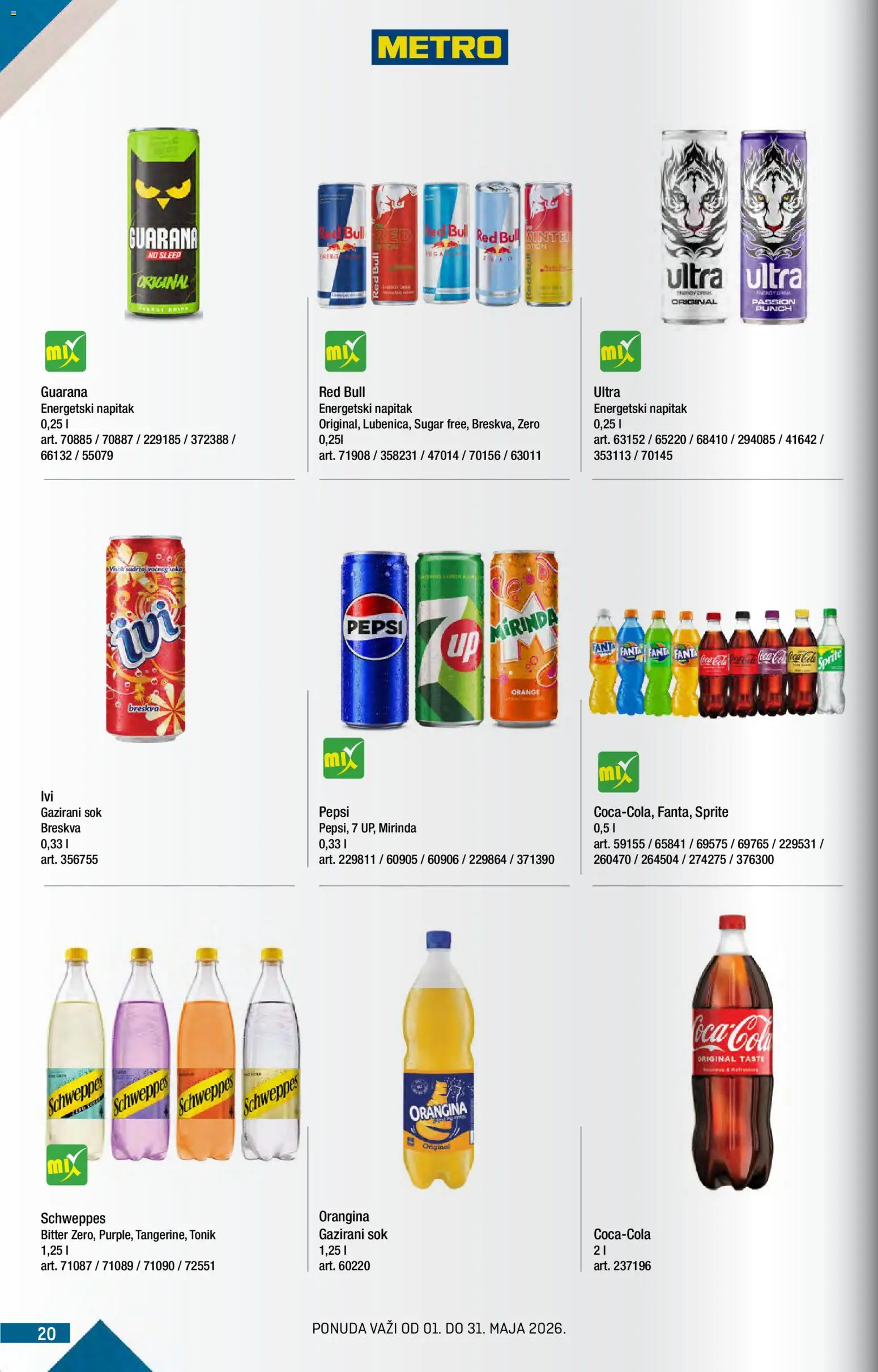 Metro katalog - važi od 01.05.2026 | Strana: 20 | Proizvode: Coca Cola, Schweppes, Guarana, Tonik