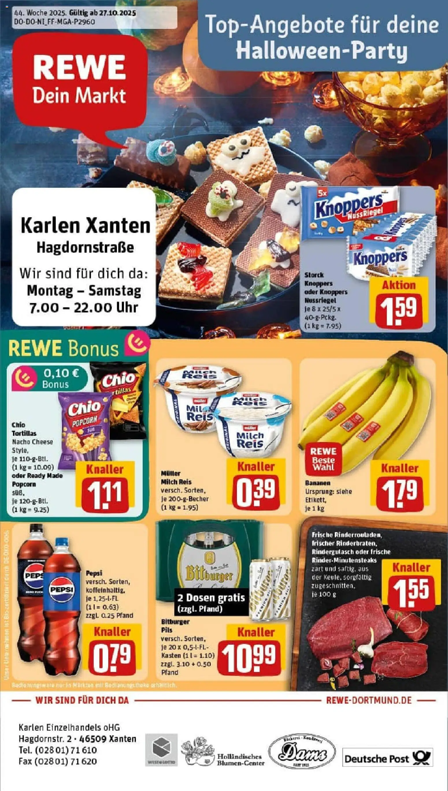 Rewe prospekt Xanten	 – gültig ab 26.10.2025 | Seite: 1 | Produkte: Milch, Theke, Knoppers, Uhr