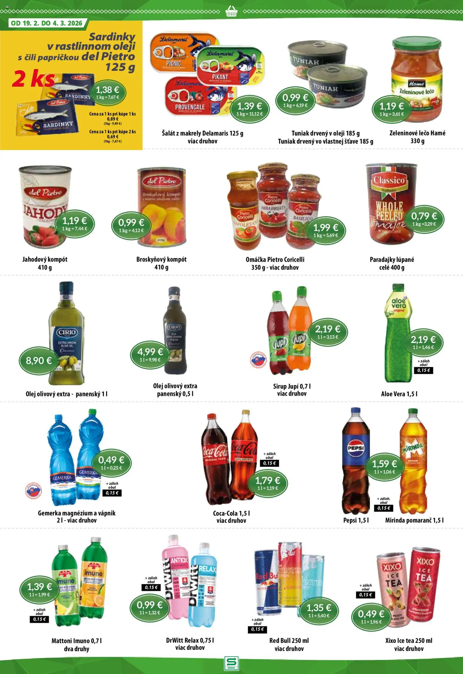 Nové Sintra akcie – leták je platný od 19.02.2026 | Strana: 8 | Produkty: Olej, Tuniak, Sardinky, Red Bull