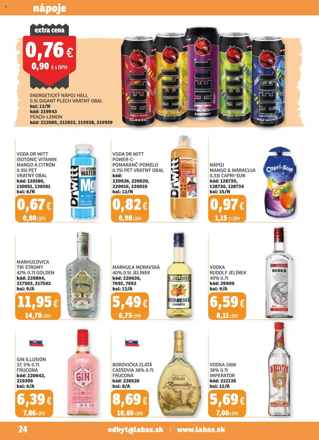Nové Labaš akcie – leták je platný od 19.09.2025 | Strana: 24 | Produkty: Borovička, Gin, Mango, Energetický nápoj