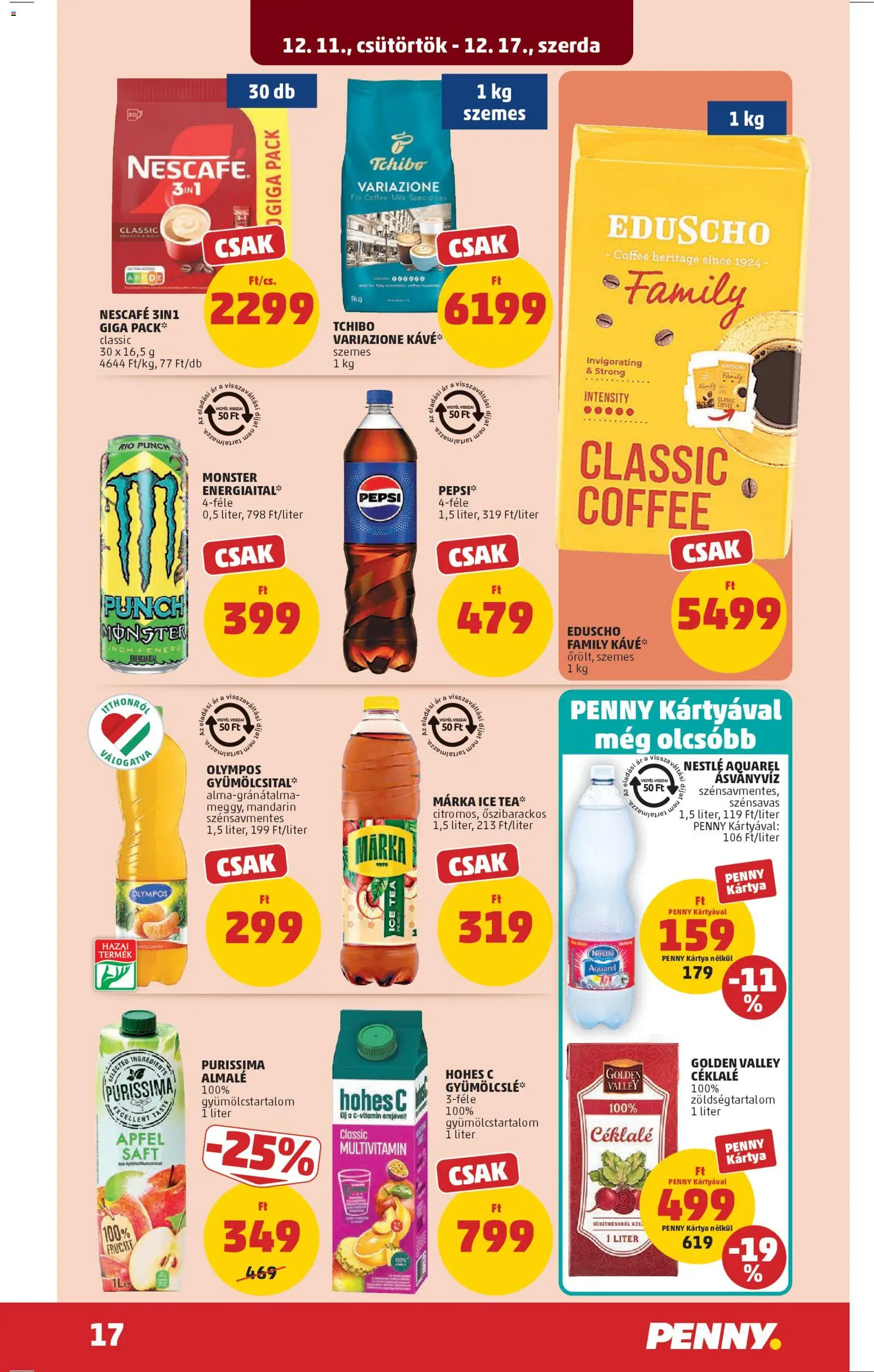 PENNY akciós ujság - amely érvényes a következő dátumtól: 11.12.2025 | Oldal: 21 | Termékek: Pepsi, Kávé, Ásványvíz, Tea