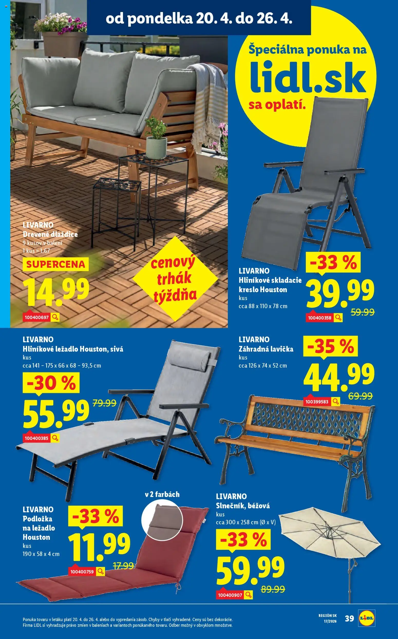 Nové Lidl akcie – leták je platný od 20.04.2026 | Strana: 52 | Produkty: Lavička, Záhradná lavička, Kreslo, Ležadlo