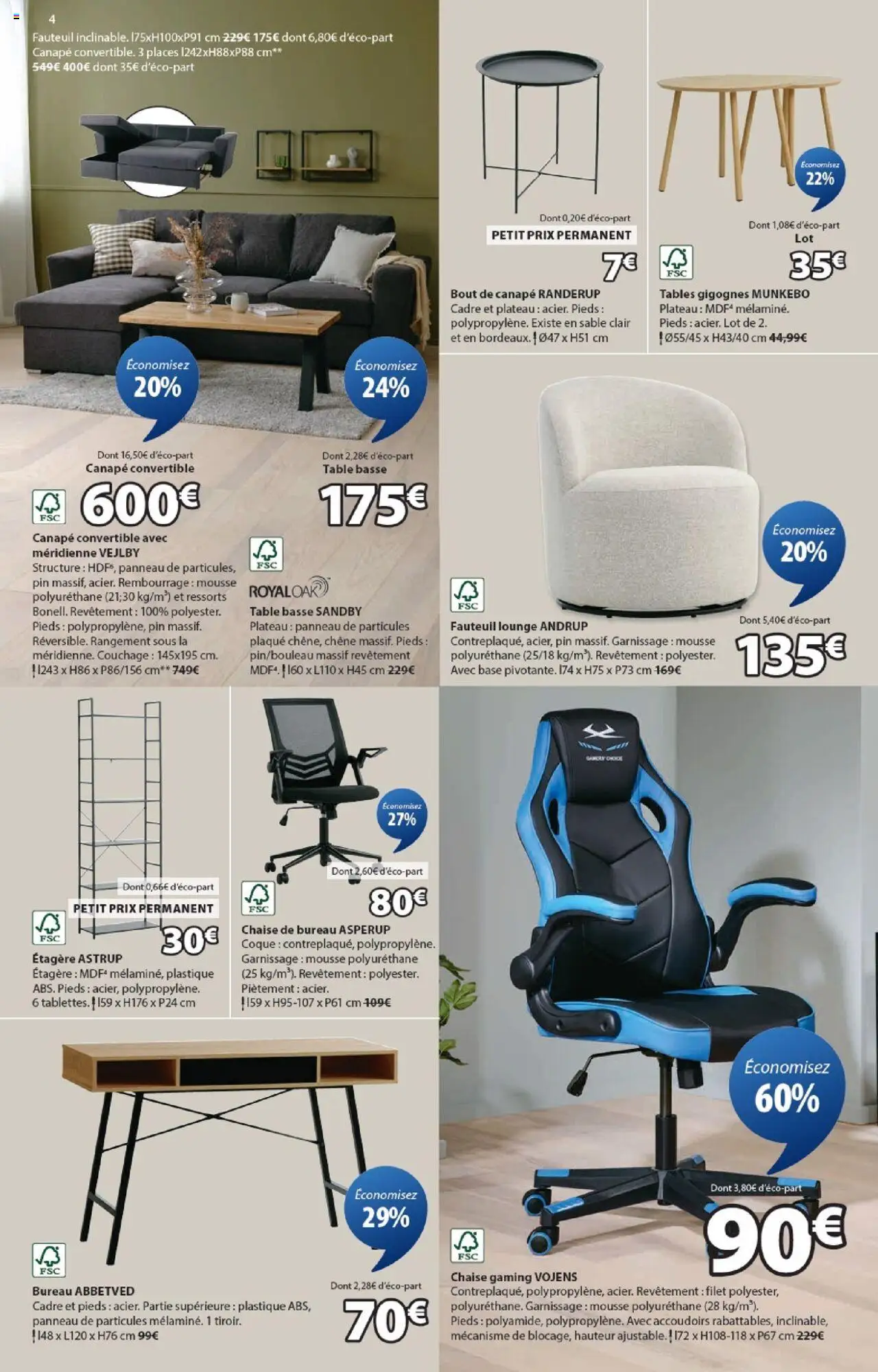 {H1} | Page: 4 | Produits: Chaise gaming, Canapé convertible, Étagère, Chaise