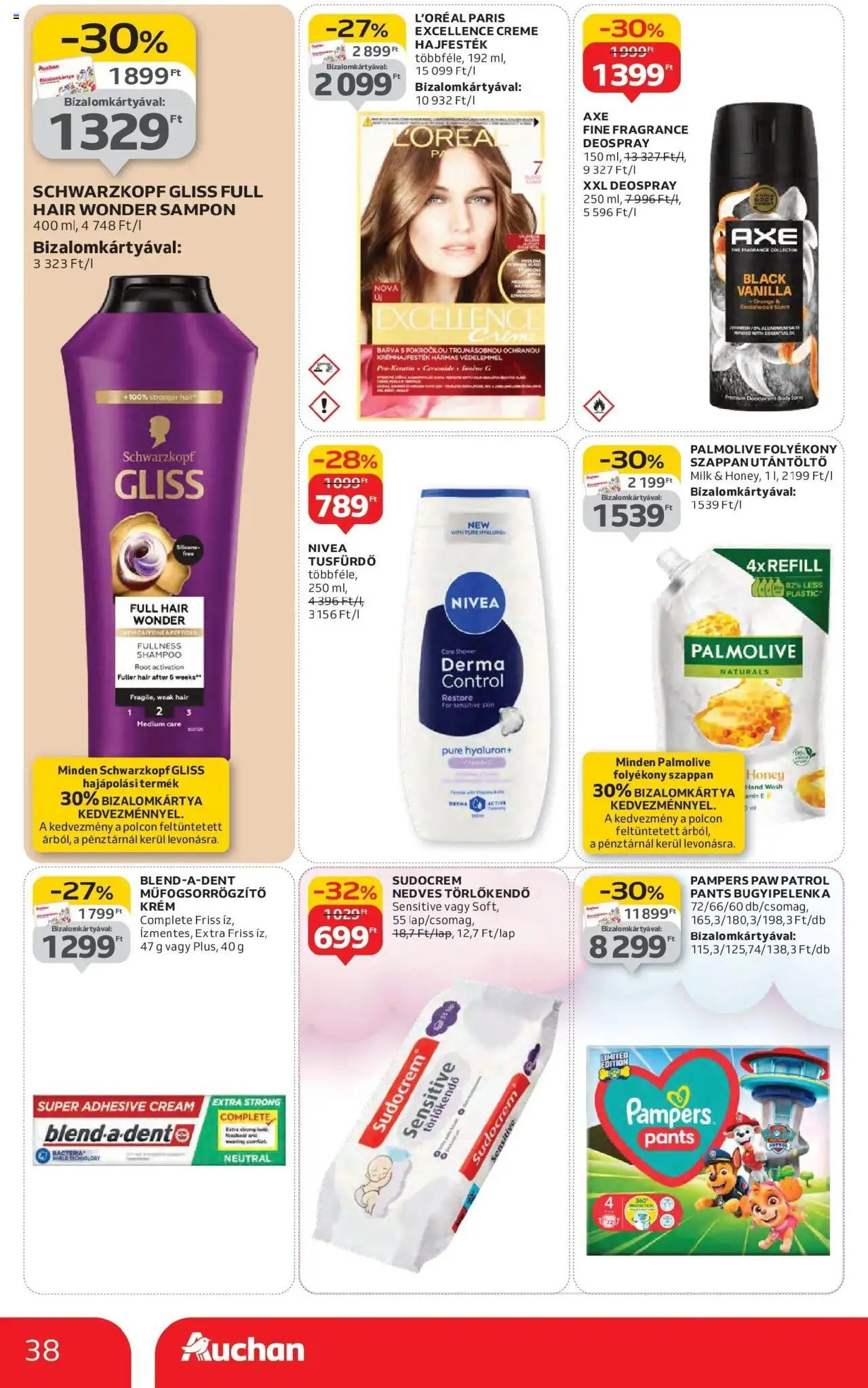 Auchan akciós ujság - amely érvényes a következő dátumtól: 16.10.2025 | Oldal: 38 | Termékek: Body, Folyékony szappan, Hajfesték, Tusfürdő