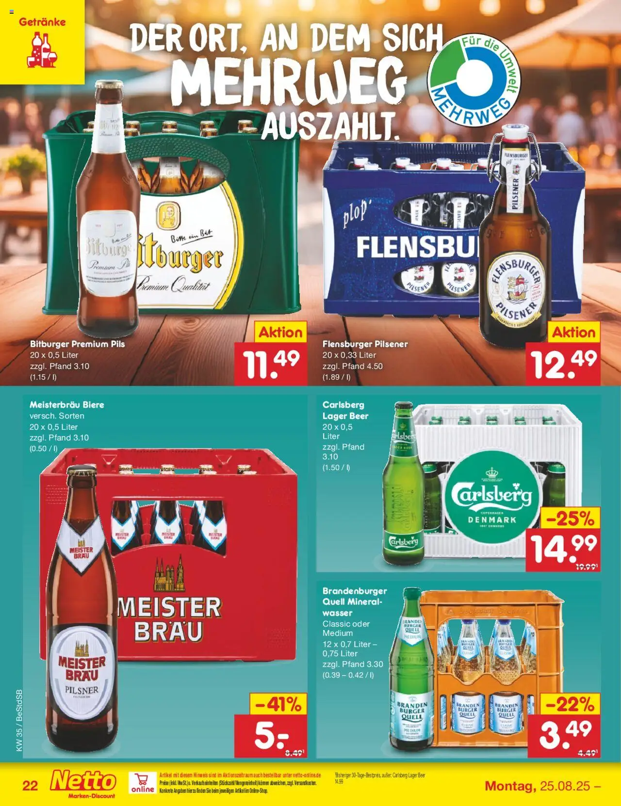 Netto Marken-Discount Prospekt 	 - gültig ab dem 25.08.2025 | Seite: 32 | Produkte: Carlsberg, Pils, Flensburger, Wasser