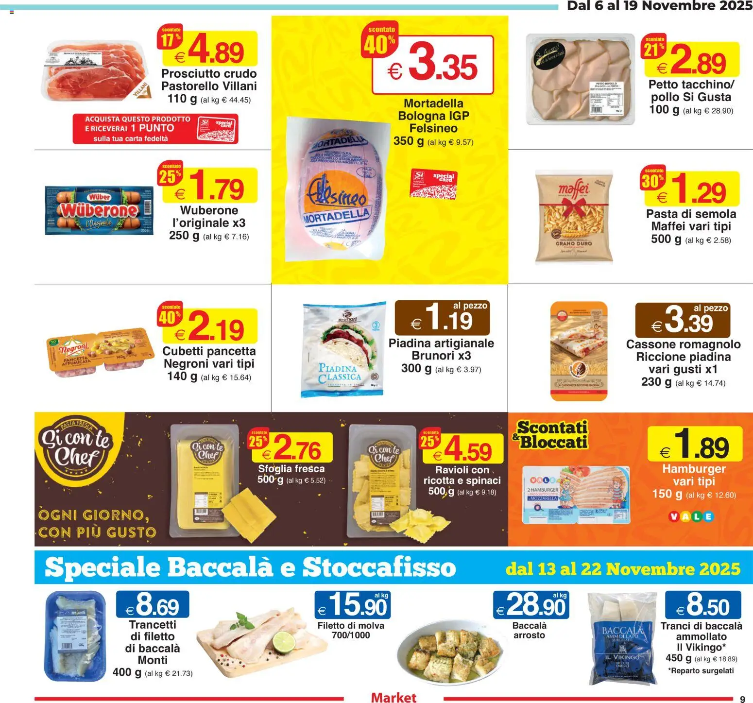 Volantino Sì con Te del 06.11.2025 | Pagina: 9 | Prodotti: Prosciutto Crudo, Tè, Pancetta, Hamburger