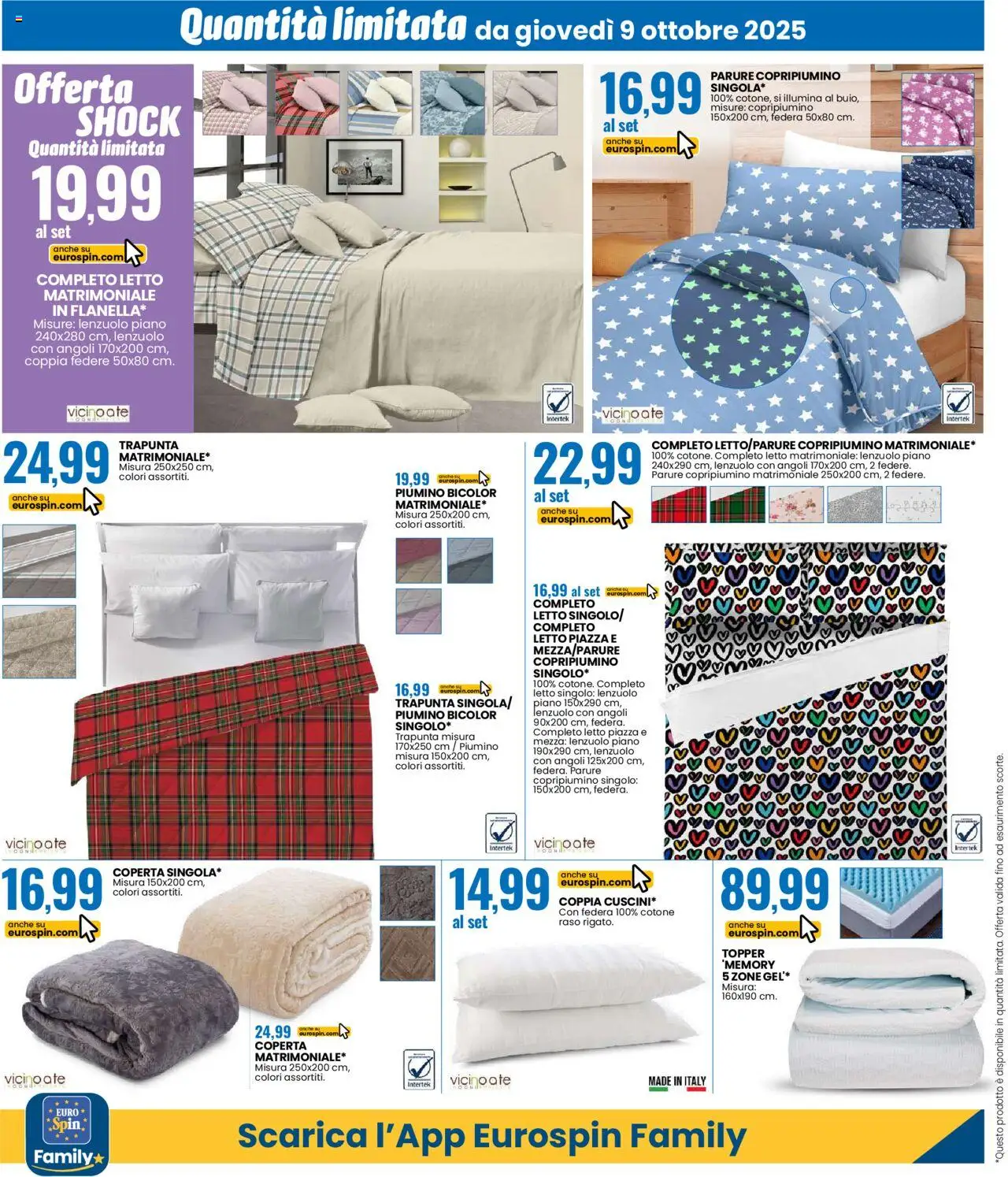 Volantino Eurospin del 09.10.2025 | Pagina: 14 | Prodotti: Copripiumino, Letto matrimoniale, Letto, Coperta