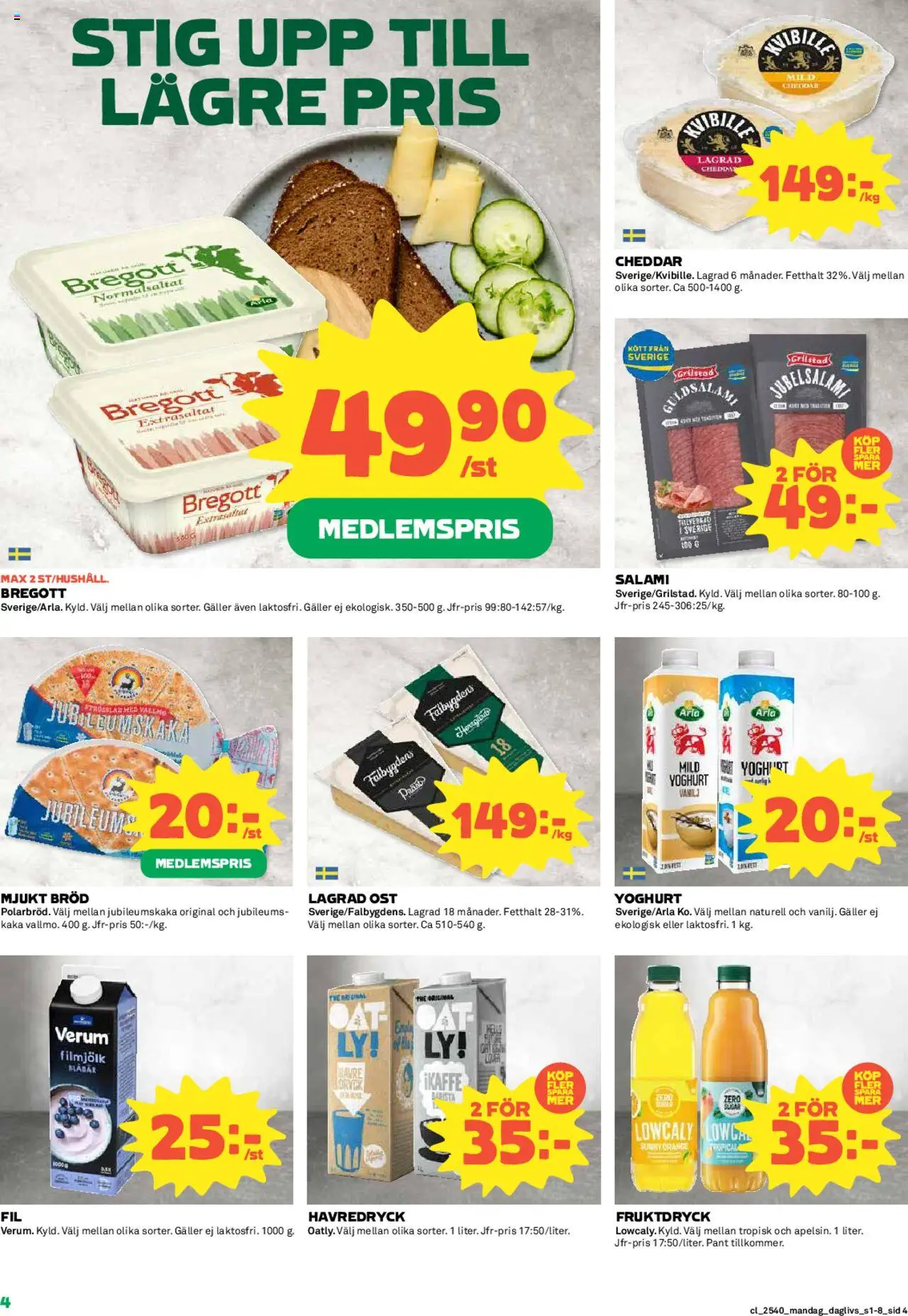 Coop Daglivs reklamblad aktuell från 29.09.2025 | Sida: 4 | Produkter: Galler, Cheddar, Bregott, Bröd