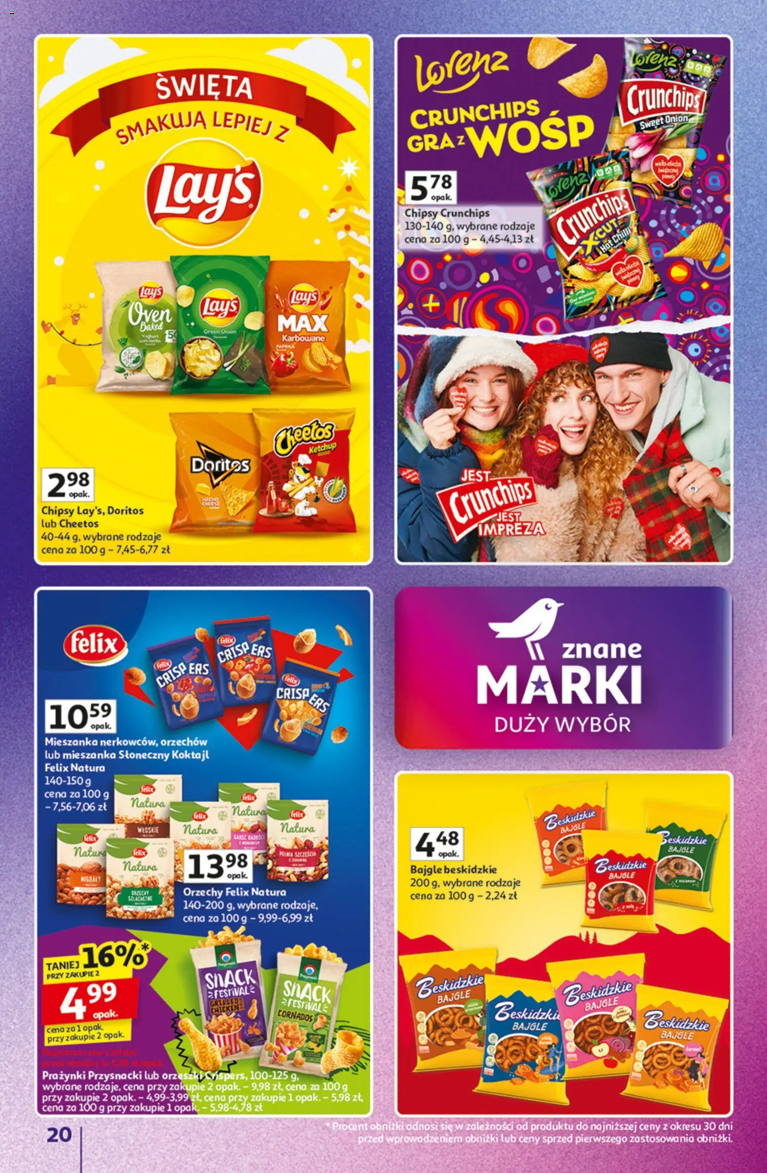 Auchan Gazetka - Znane Marki duży wybór Hipermarket od 04.12.2025 | Strona: 20 | Produkty: Chipsy, Doritos, Lays, Orzechy