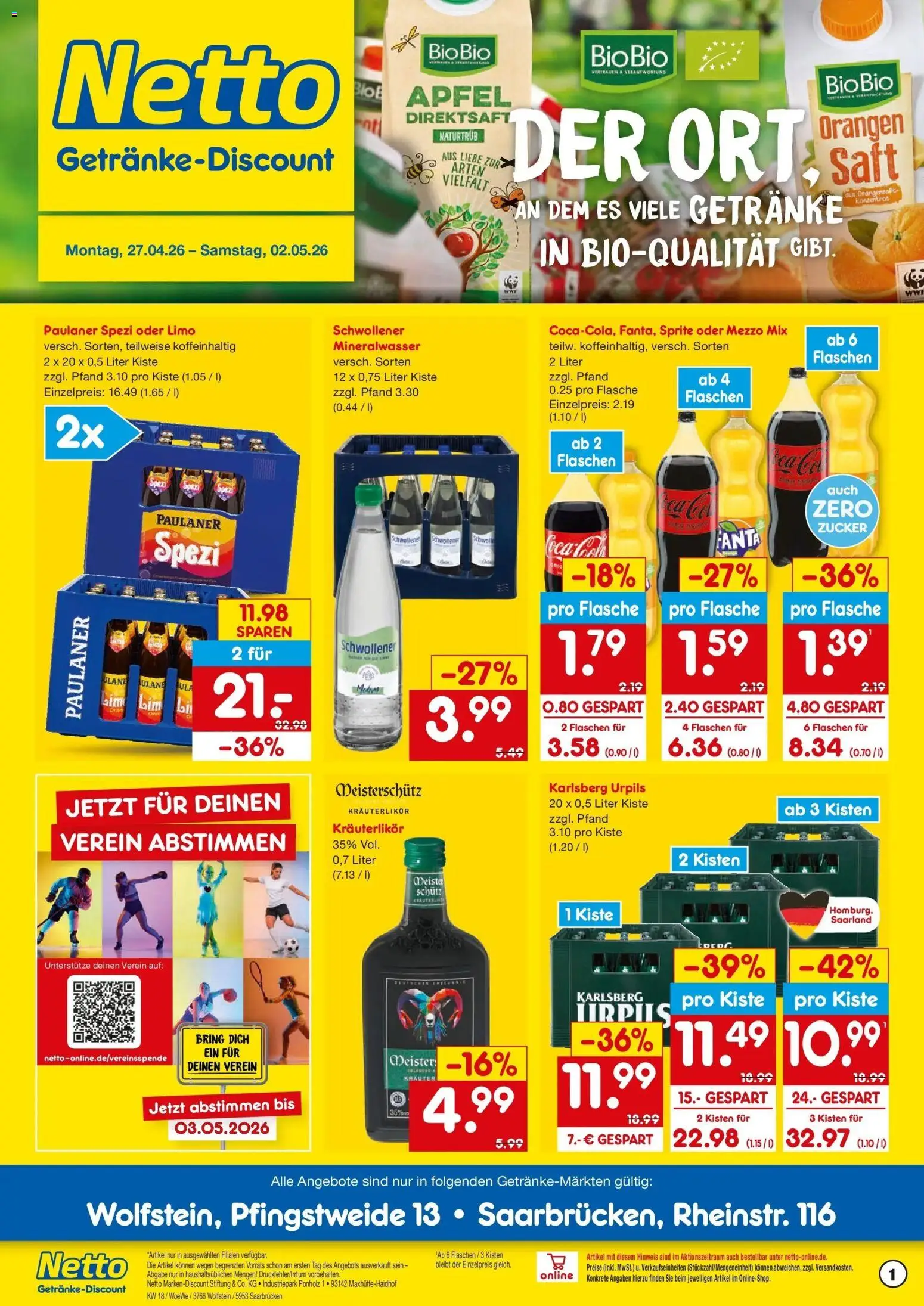 Netto Marken-Discount Prospekt Saarbrücken	 – gültig ab 27.04.2026 | Seite: 1 | Produkte: Äpfel, Orangen, Mineralwasser, Oder mezzo mix