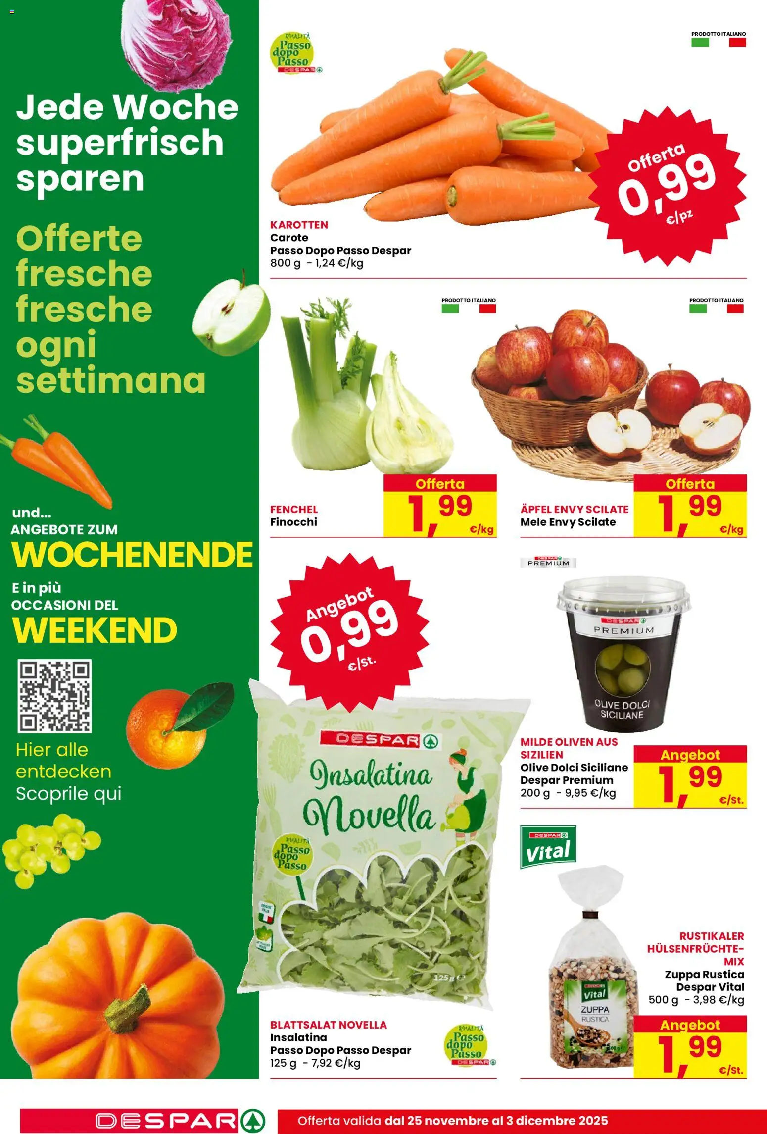 Volantino Despar del 25.11.2025 | Pagina: 4 | Prodotti: Mele, Carote, Olive, Finocchi