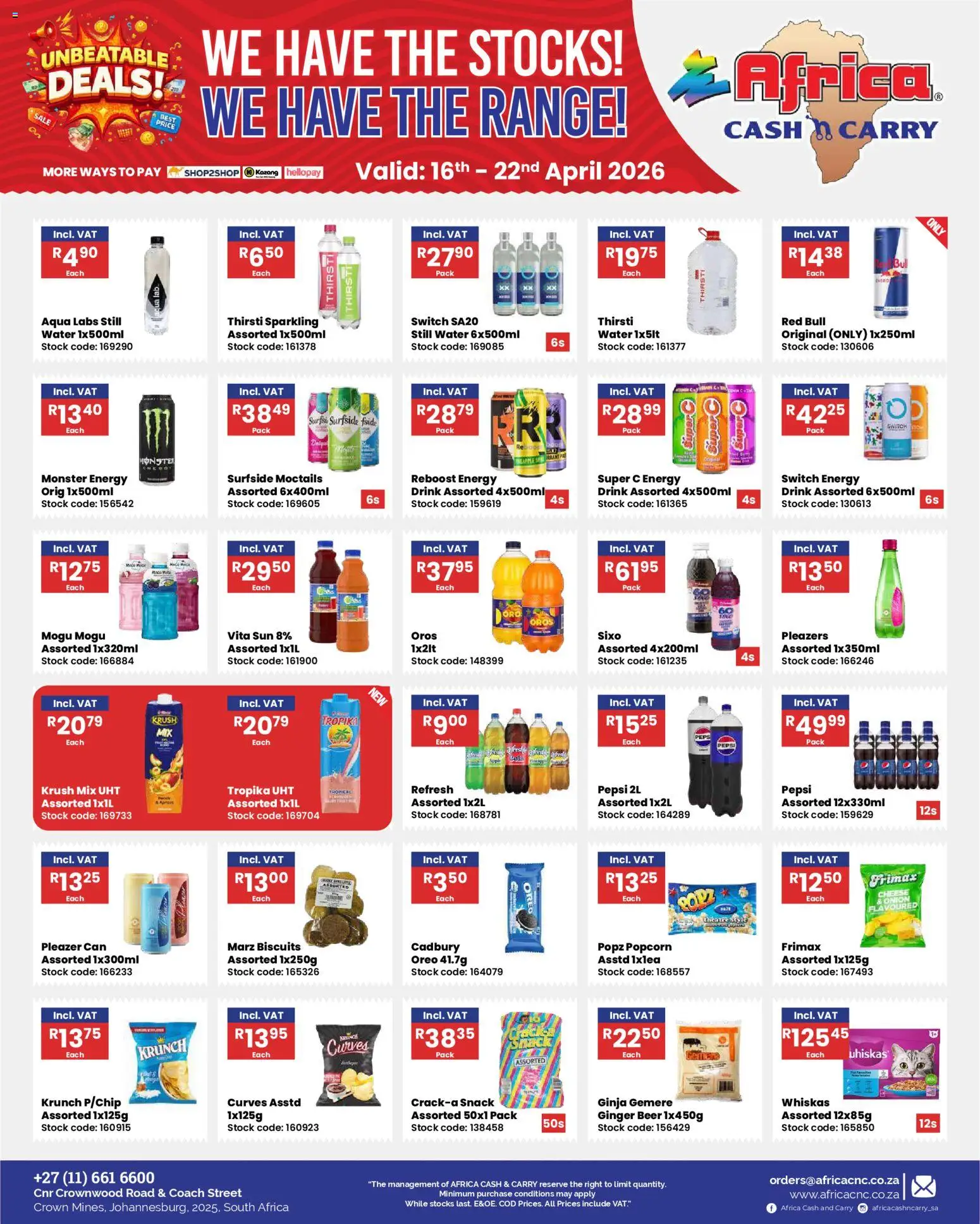 New Africa Cash & Carry catalogue – valid from 16.04.2026 | Page: 16 | Products: Biscuits, Switch, Popcorn, Stock