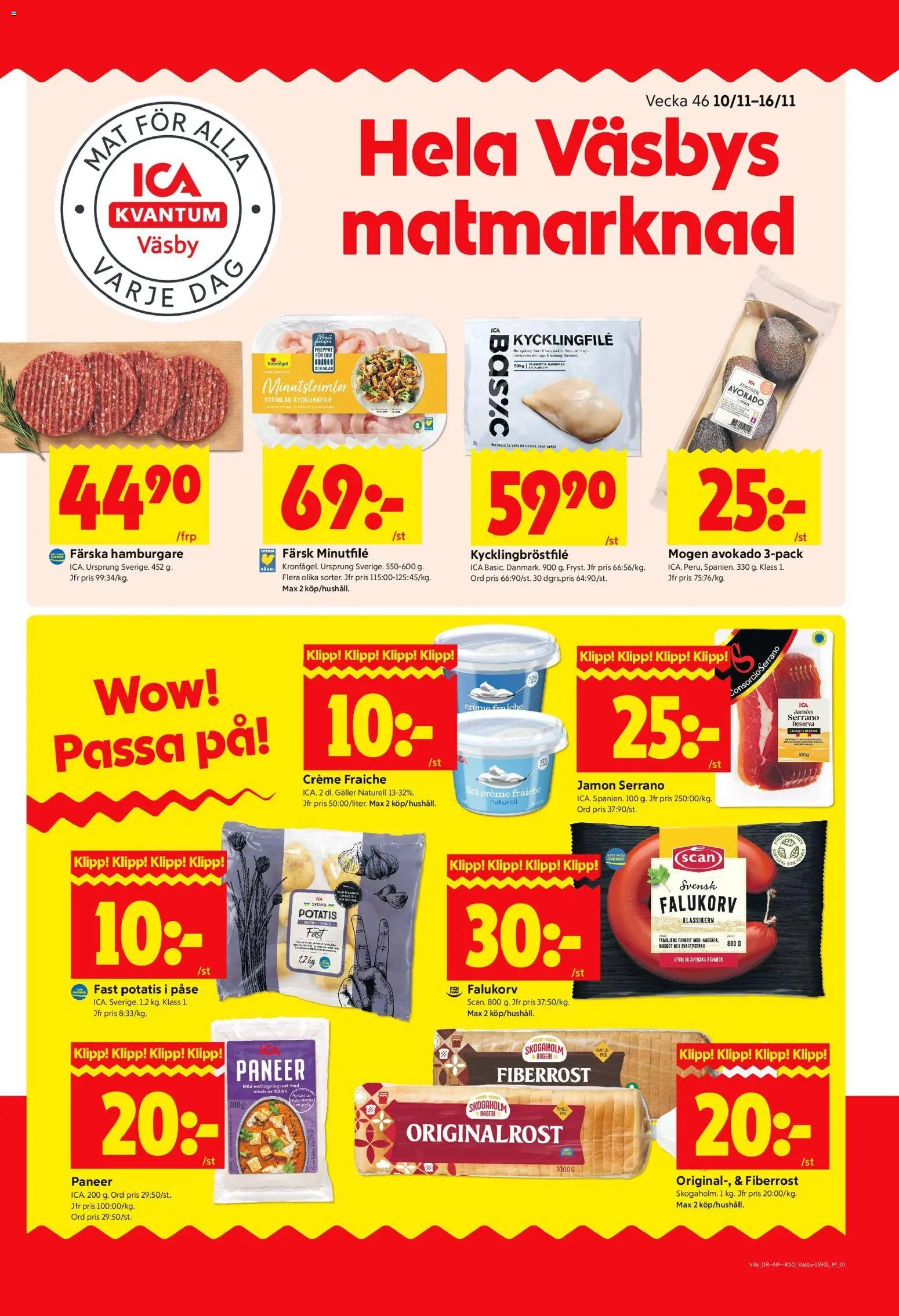 ICA Kvantum reklamblad aktuell från 10.11.2025 | Sida: 1 | Produkter: Hamburgare, Kycklingfile, Falukorv, Creme fraiche