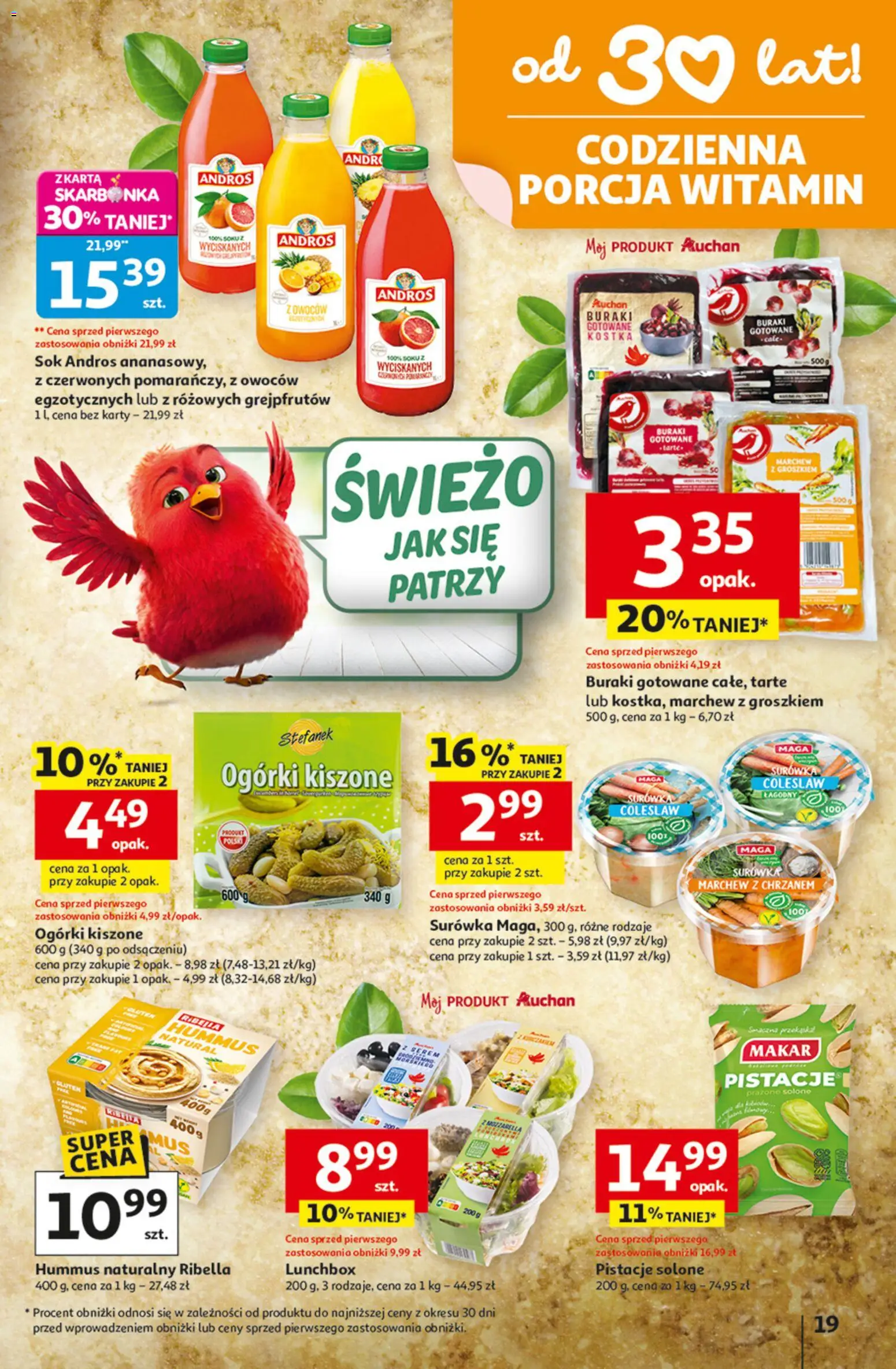 Auchan Gazetka - 30 Lat Hipermarket od 15.01.2026 | Strona: 19 | Produkty: Buraki, Hummus, Buraki gotowane, Ogórki