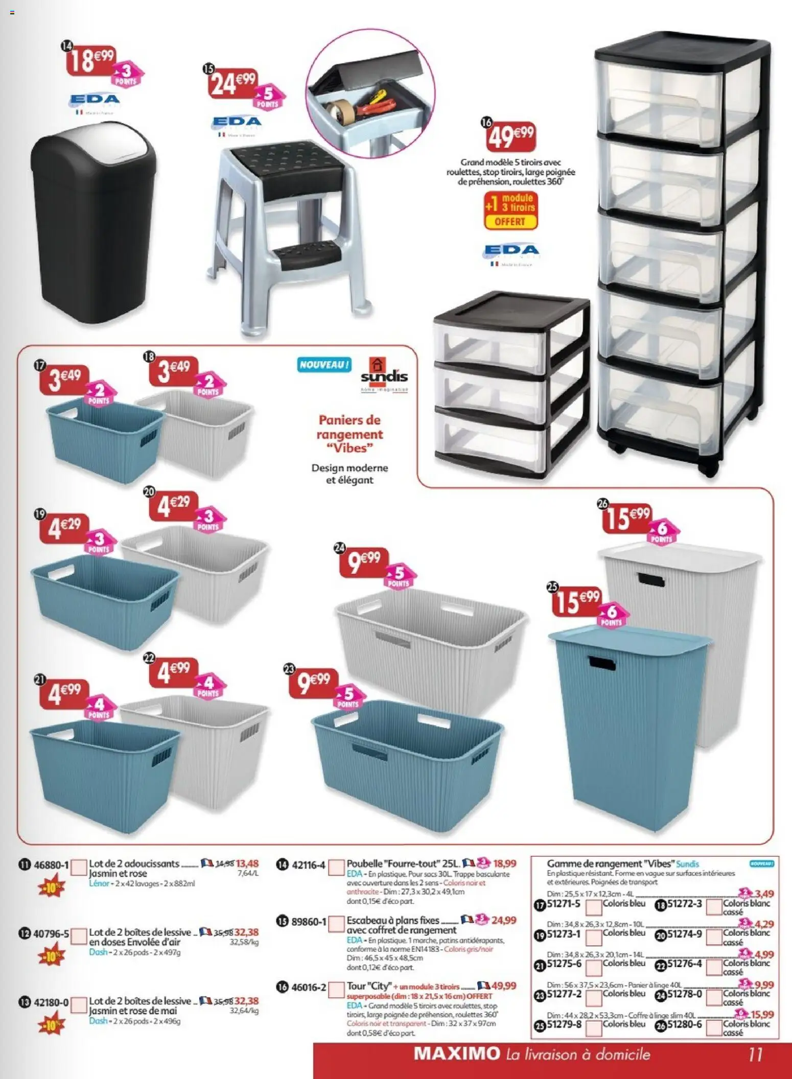 {H1} | Page: 11 | Produits: Poubelle, Lenor, Tiroirs, Panier