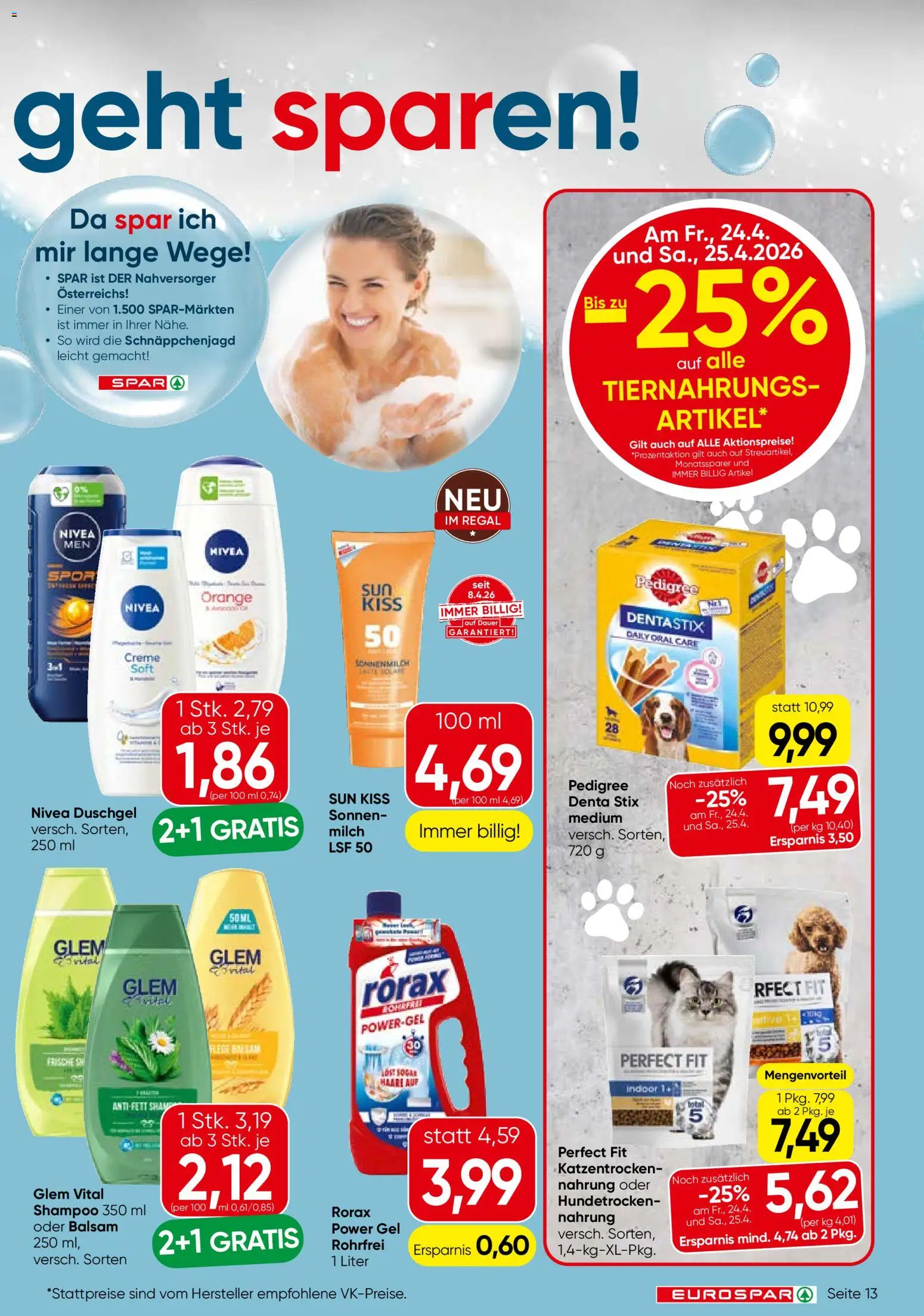 Eurospar Flugblatt gültig ab 23.04.2026 | Seite: 13 | Produkte: Regal, Shampoo, Milch, Duschgel