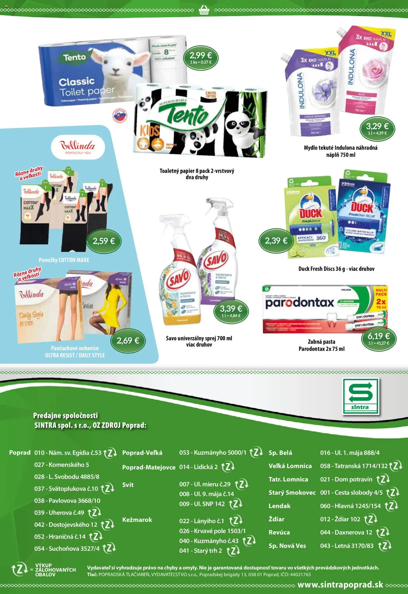 Nové Sintra akcie – leták je platný od 19.02.2026 | Strana: 10 | Produkty: Toaletný papier, Mydlo, Zubná pasta, Ponožky