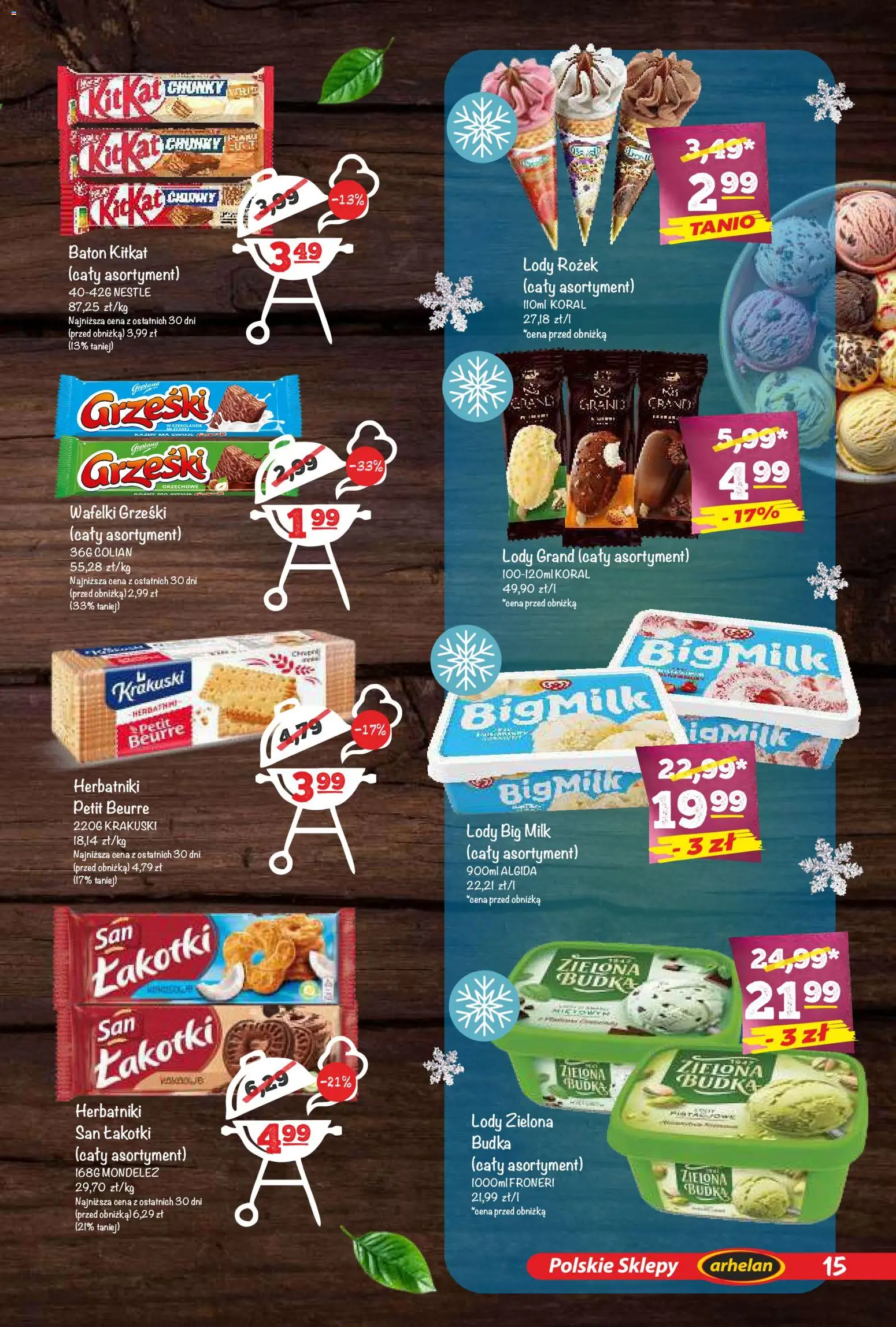 Arhelan gazetka - Grillowanie od 24.04.2026 | Strona: 15 | Produkty: Big Milk, Herbatniki, Baton, Lody