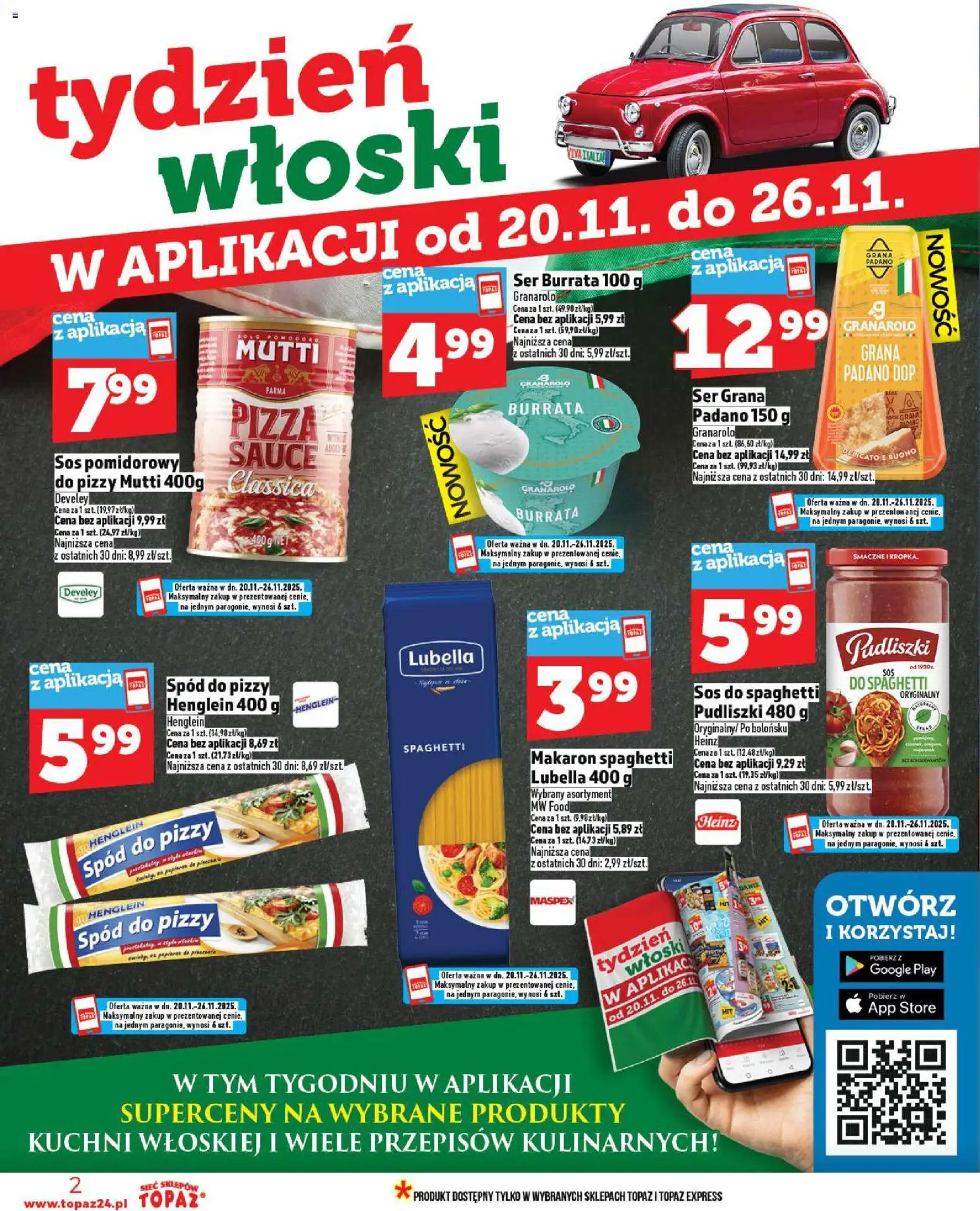 Topaz Gazetka MAZ od 20.11.2025 | Strona: 2 | Produkty: Makaron spaghetti, Spód do pizzy, Sos do spaghetti, Makaron